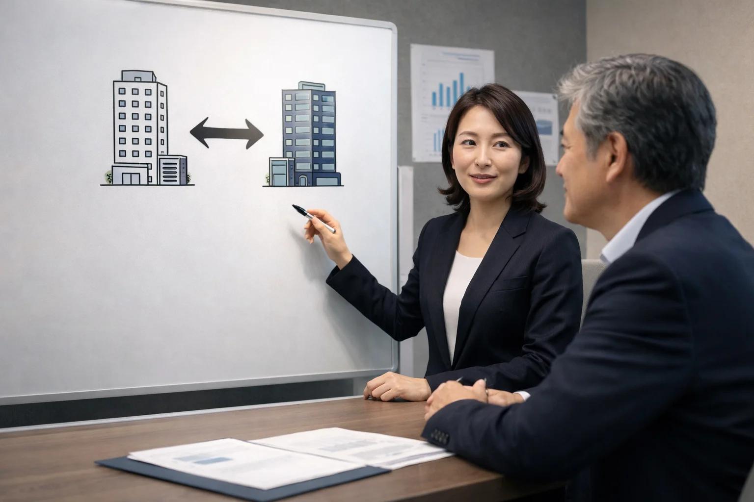 不動産会社の経営者が専門家から不動産M&Aの仕組みについて説明を受けているシーン