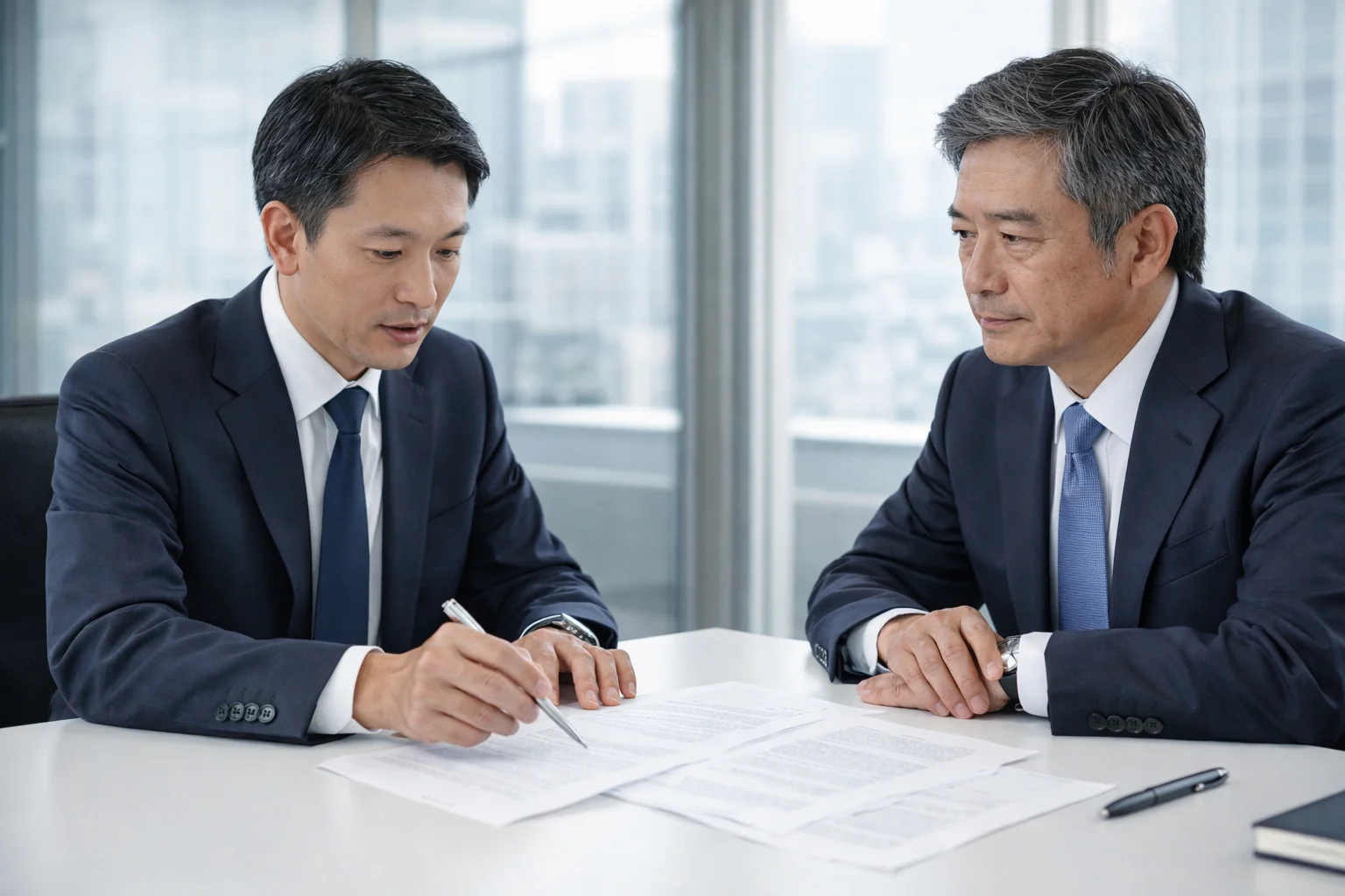 事業譲渡の定義と仕組みを解説する弁護士と経営者