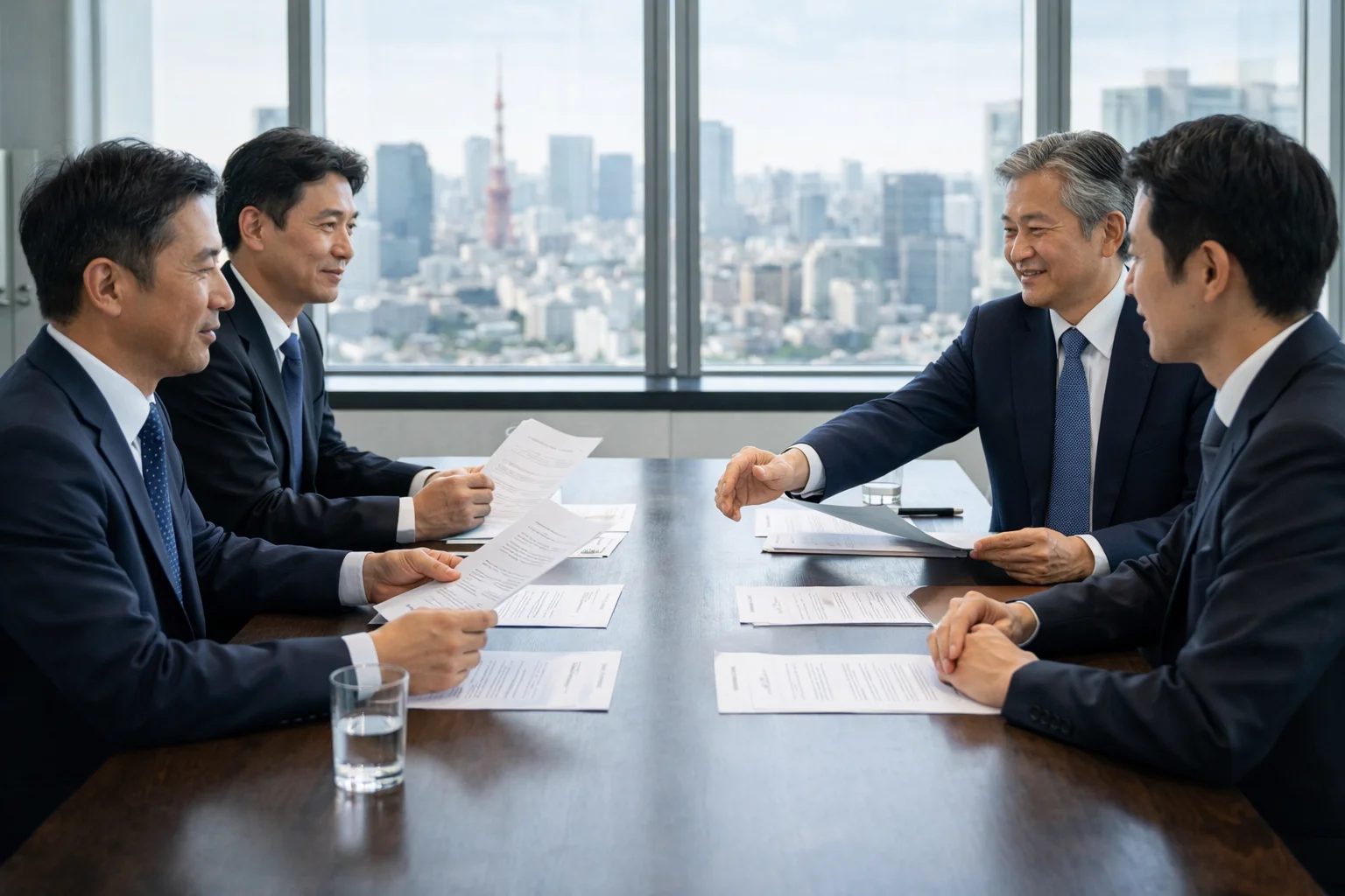 友好的買収と敵対的買収——買収の2種類を示すビジネスシーンのイメージ