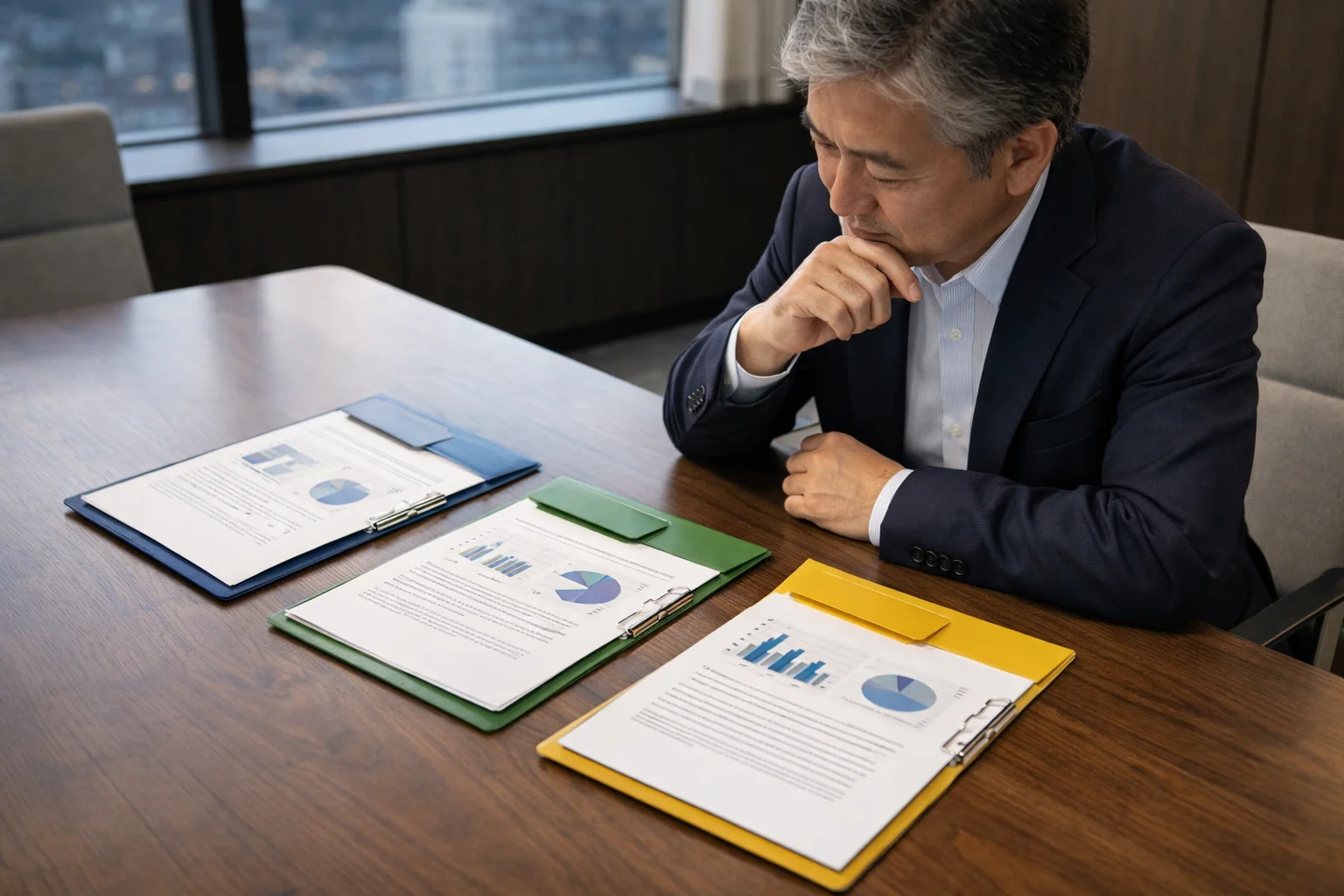 複数の選択肢を並べた資料を前に比較検討している日本人経営者と専門家のシーン