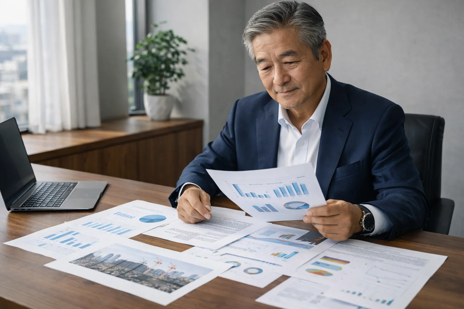 建設業界のM&A動向を示す、経営者が資料を確認している落ち着いたシーン