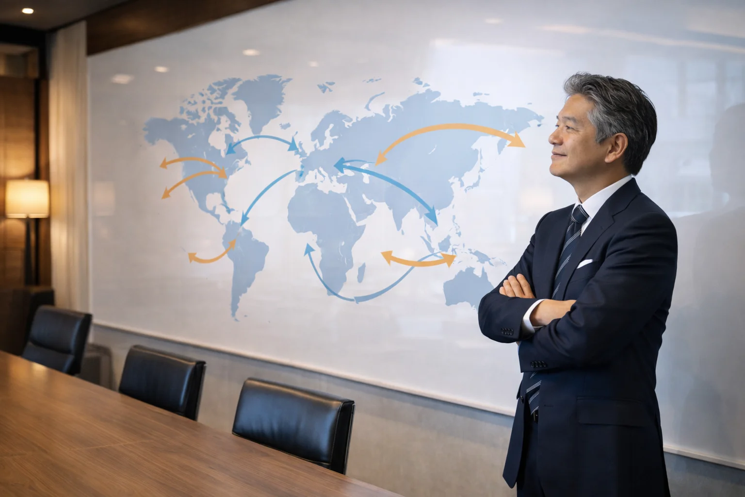 企業買収の目的を検討する経営者と経営戦略の会議シーン