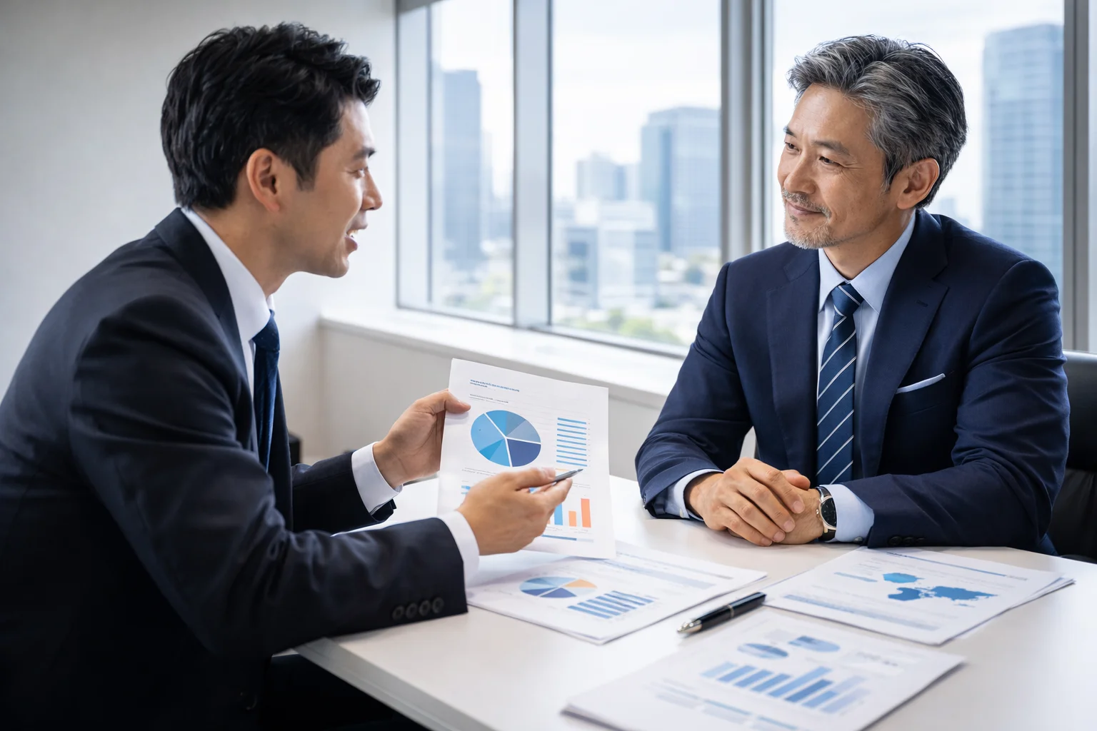 M&A仲介会社のサポートを受ける経営者と担当者のビジネスシーン