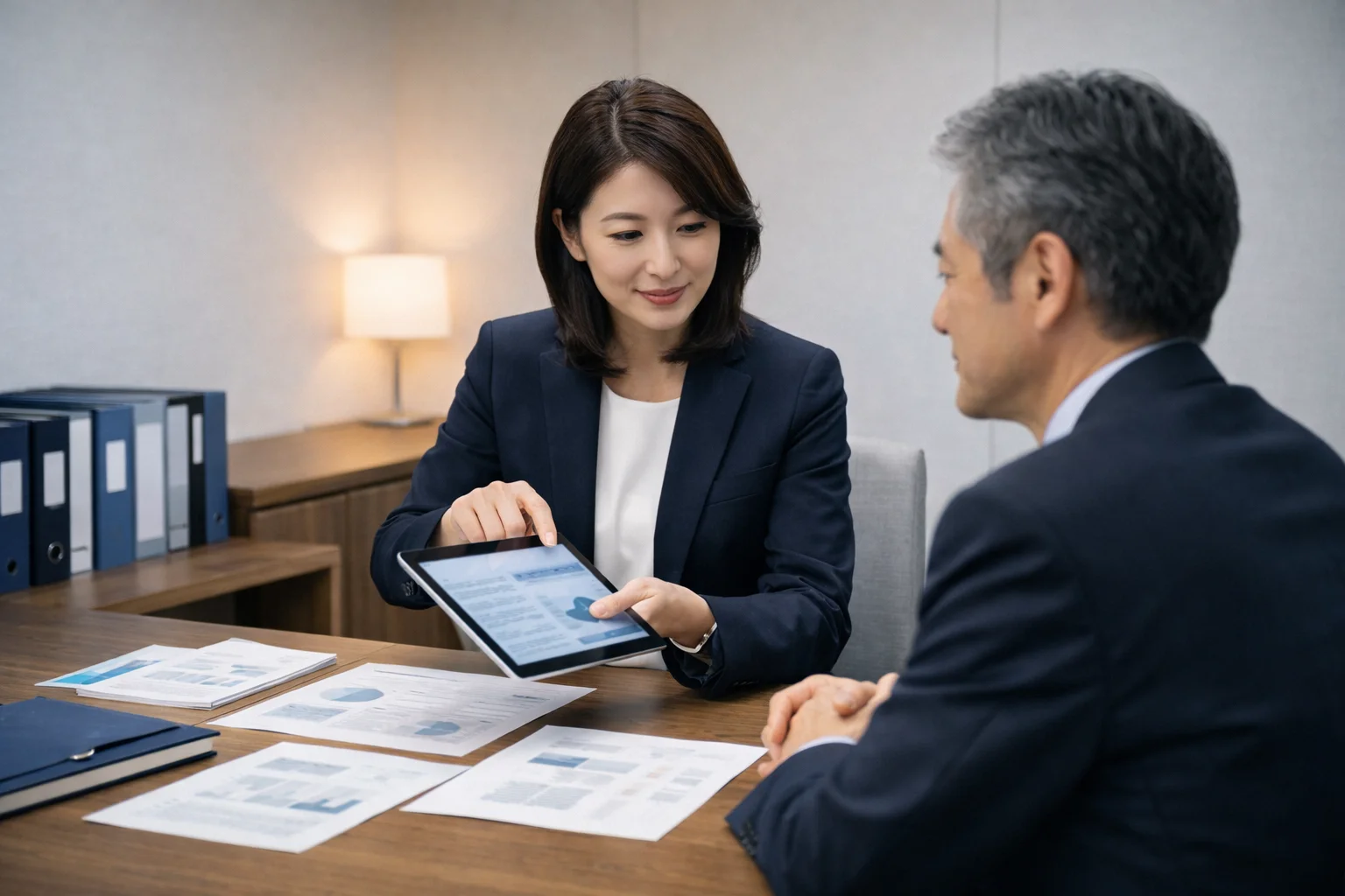 M&A仲介会社のアドバイザーが書類を確認しながらサポートするシーン