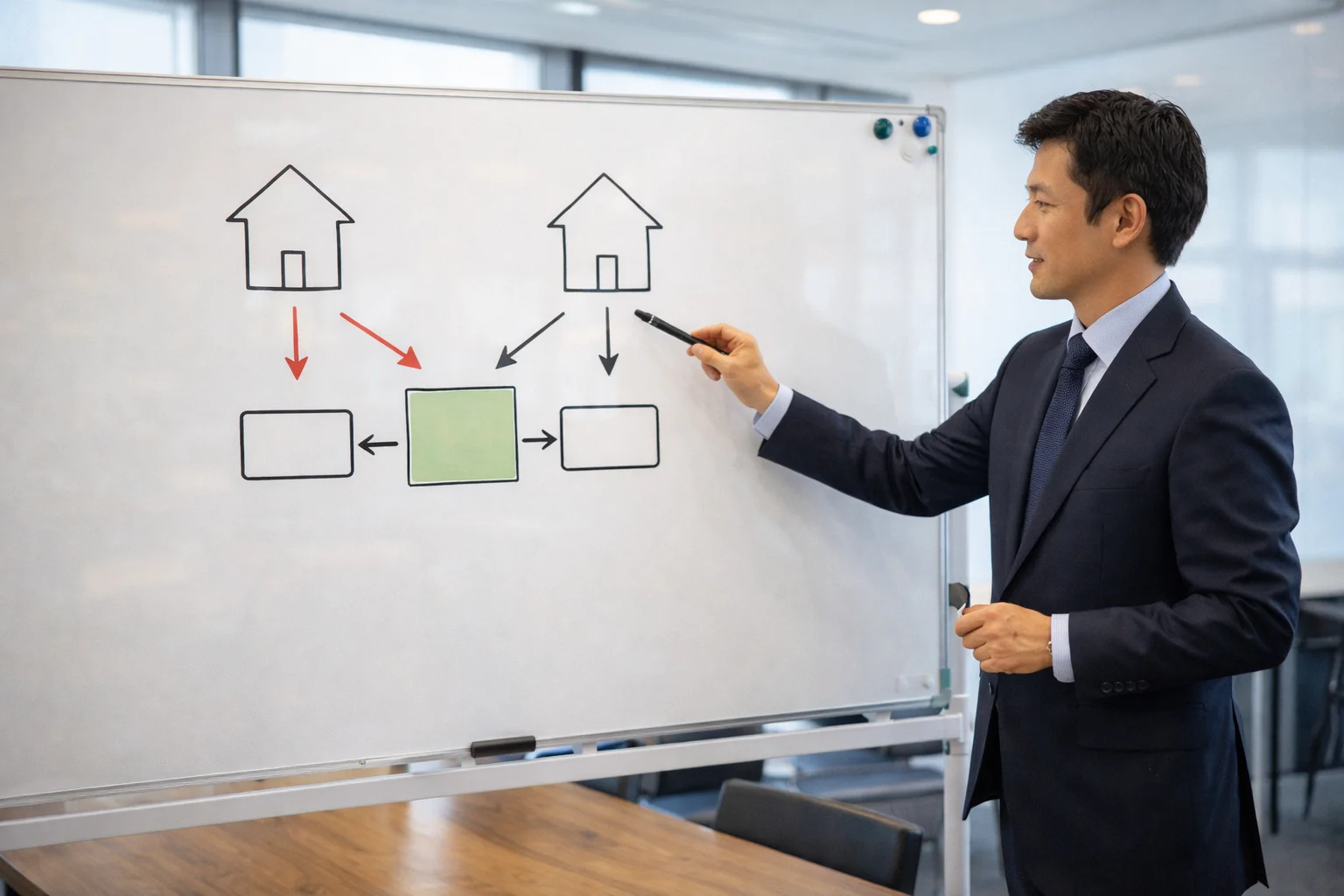 日本人ビジネスパーソンがホワイトボードを使いM&Aの概念をわかりやすく図解で説明しているシーン