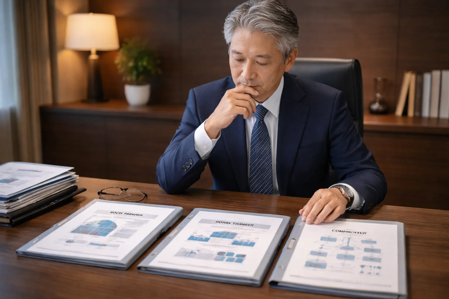 会社売却のスキーム（株式譲渡・事業譲渡・会社分割）を比較検討するシーン