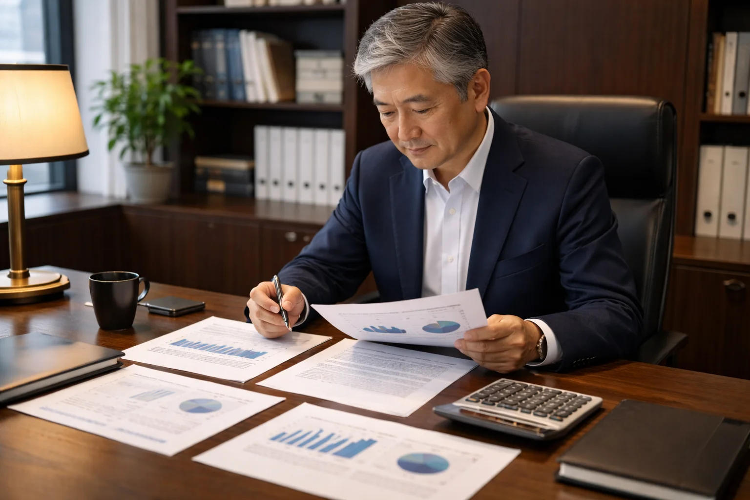 財務資料と税務書類を広げて検討している日本人経営者のオフィスシーン