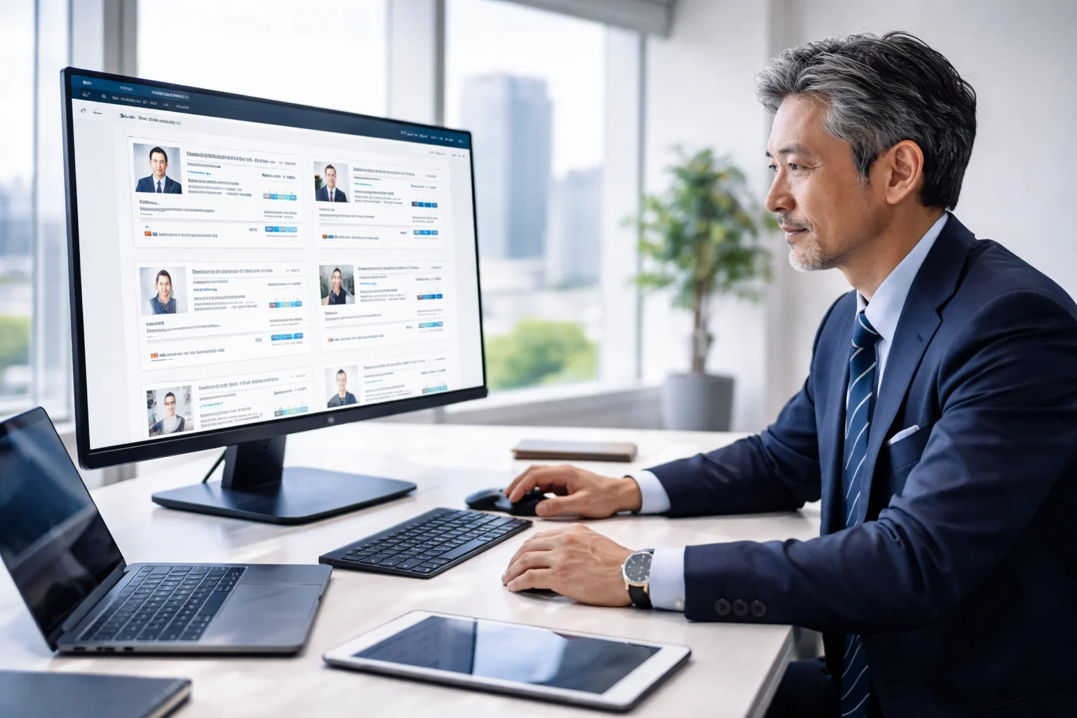 M&Aマッチングサイトをパソコンで確認する経営者のシーン