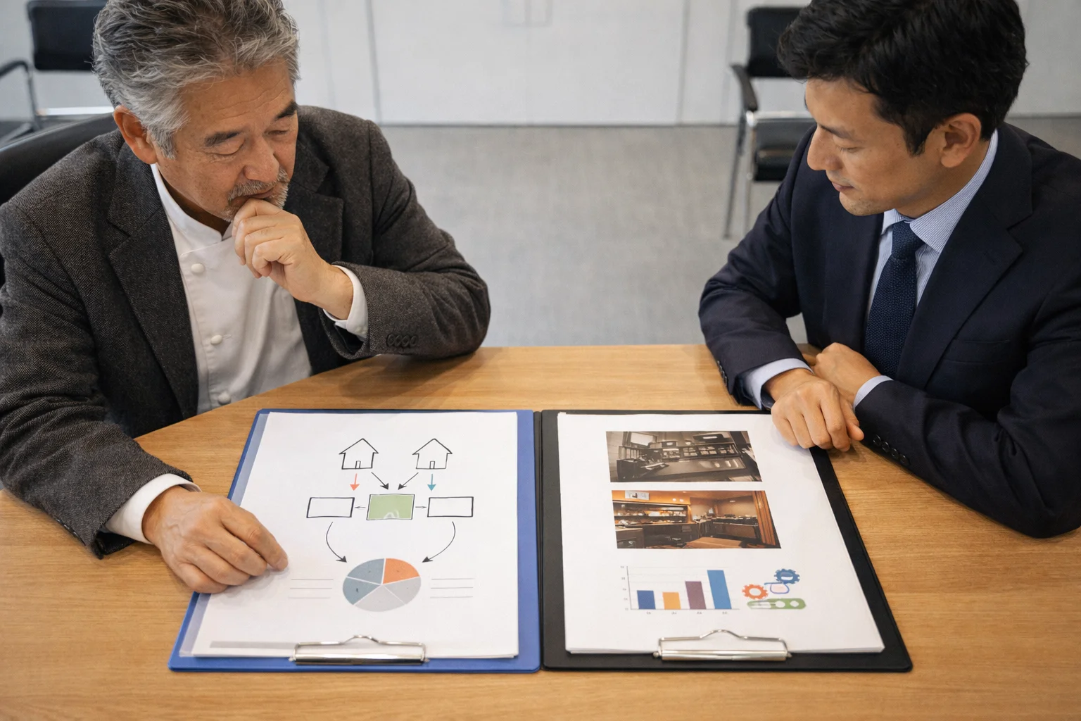 2つの選択肢を示す資料を並べて比較検討している日本人経営者と専門家のシーン