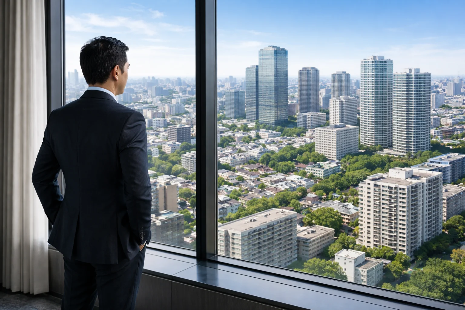 都市部と郊外の複数の不動産物件を俯瞰した都市風景とビジネスパーソンのシーン