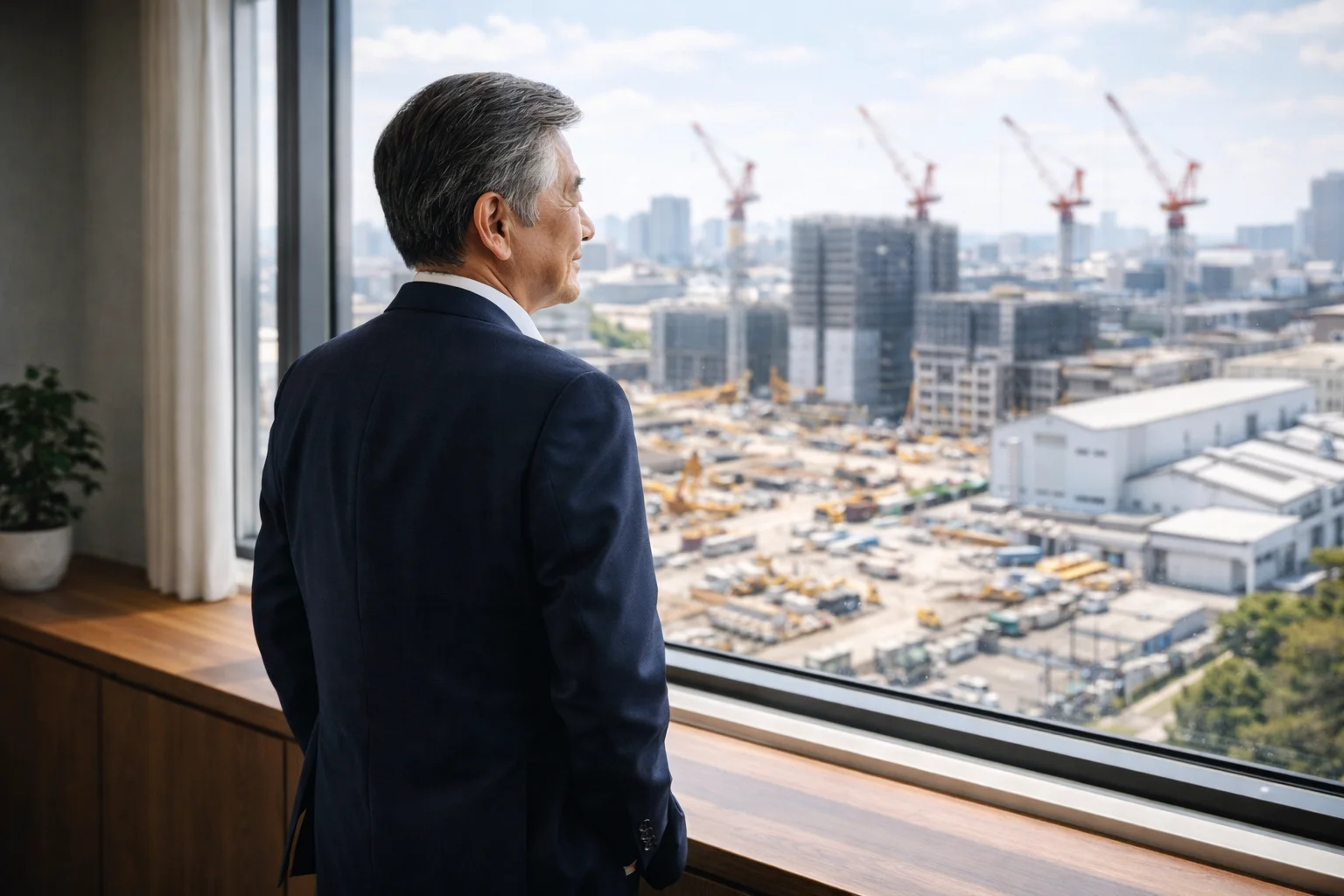 M&Aの成立後に安心感と将来への希望を感じる建設業経営者のシーン