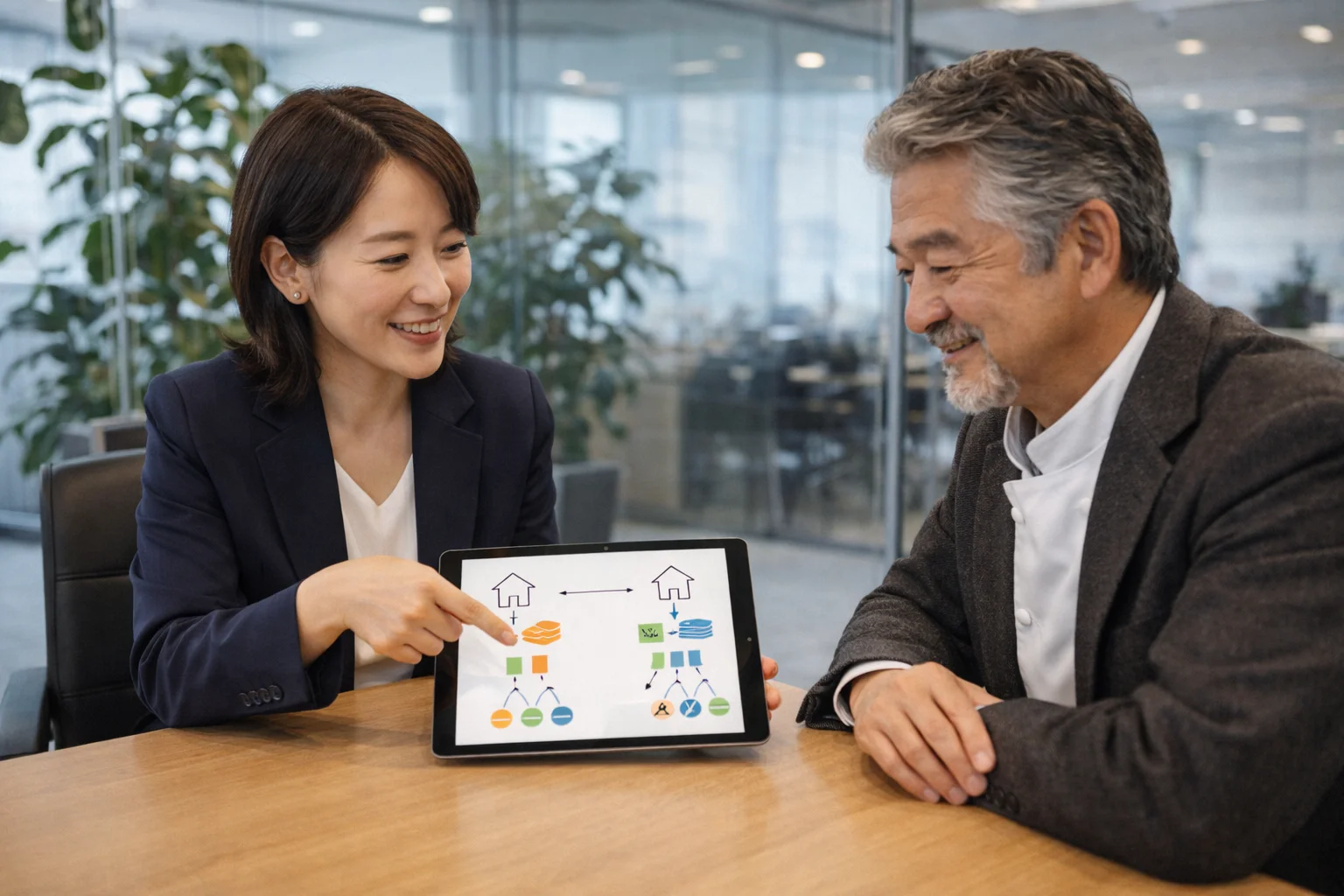 株式譲渡や事業譲渡の違いを図解で確認する日本人専門家と経営者の打ち合わせシーン