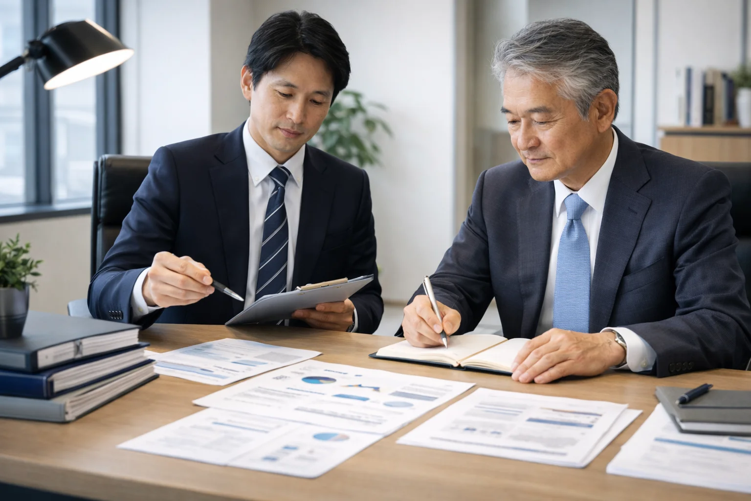 事業承継の流れとステップを確認する経営者と専門家