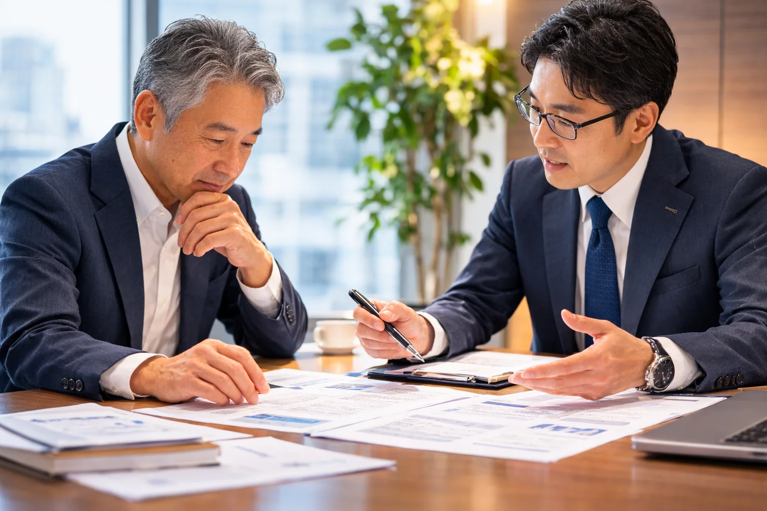 会社売却の注意点を丁寧に確認する経営者と専門家のシーン