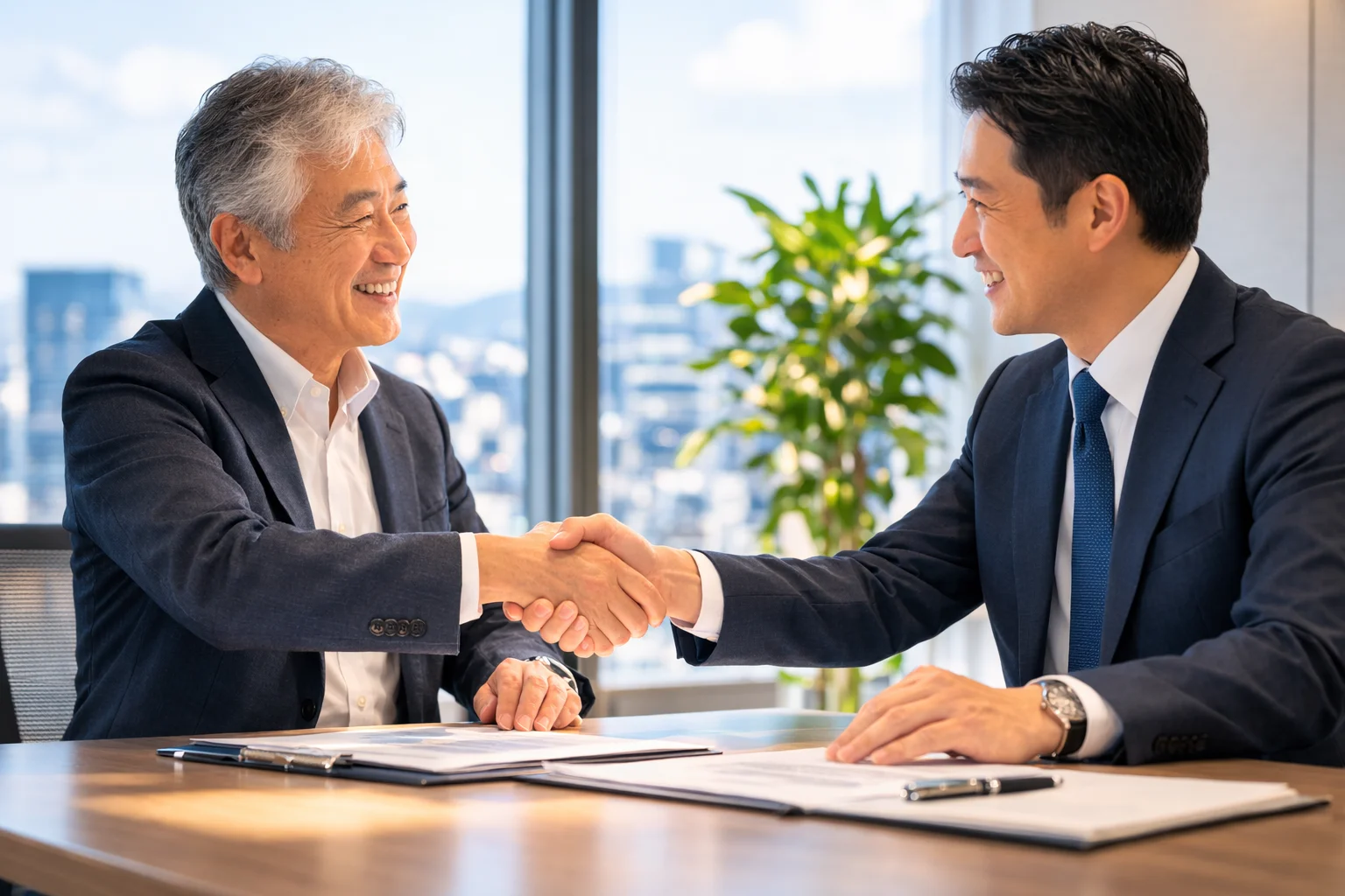 M&A成立後に安心した表情で握手する日本人経営者と専門家のシーン