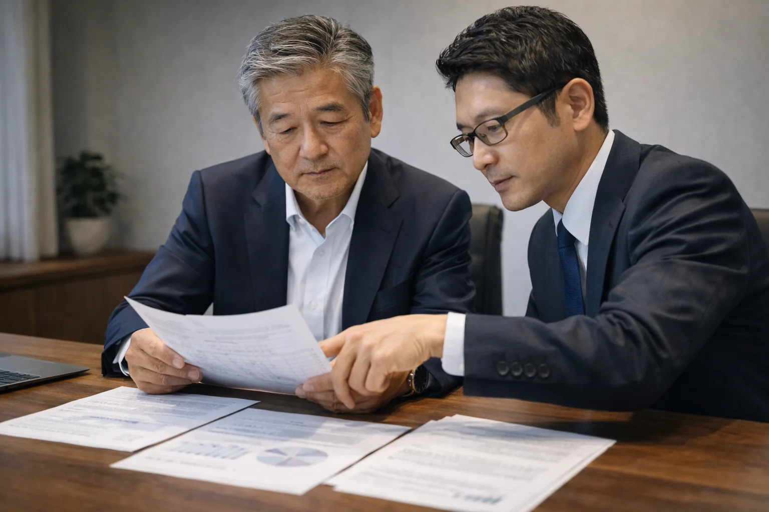 M&Aの重要書類を専門家と慎重に確認する建設業経営者のシーン