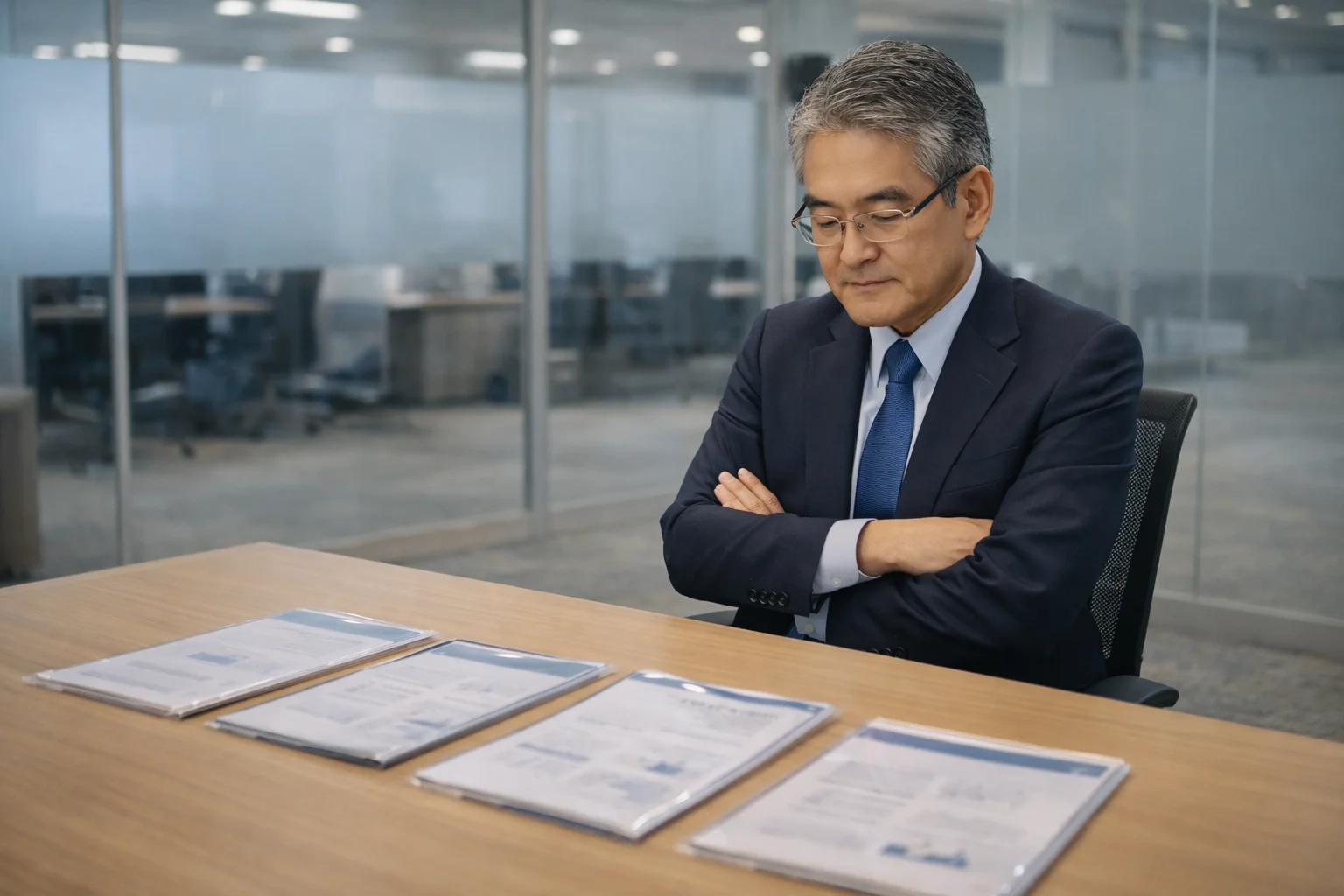 複数の候補資料を比較検討する日本人経営者