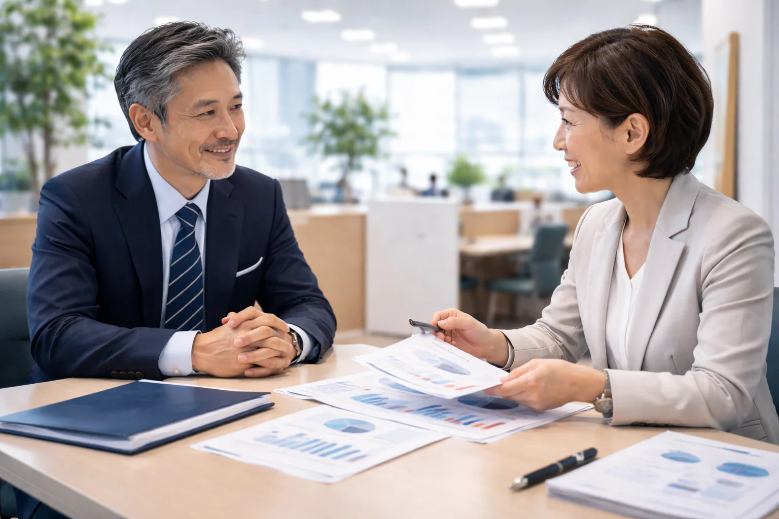 公的機関の窓口でM&A相談を行う中小企業経営者のシーン