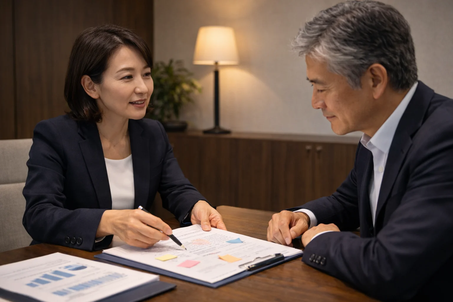重要書類を丁寧に確認している日本人経営者と専門家が慎重に対話しているシーン