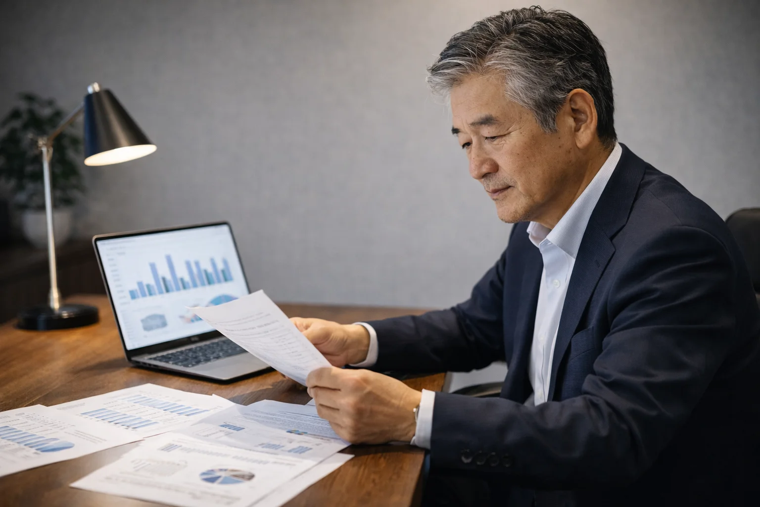 企業価値評価の資料を検討する建設業経営者の落ち着いたビジネスシーン