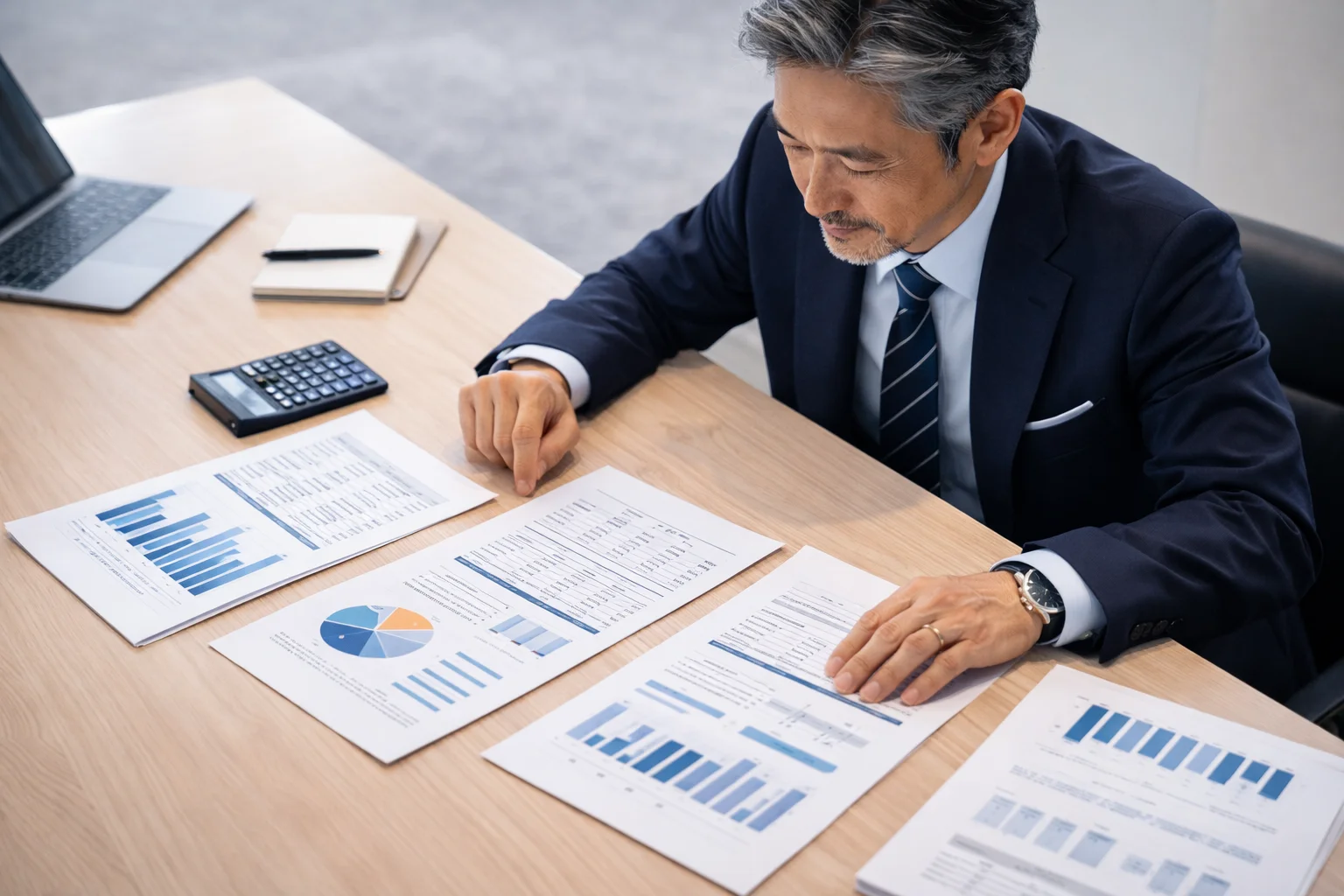 M&Aの手数料・費用を資料で比較検討する経営者のシーン