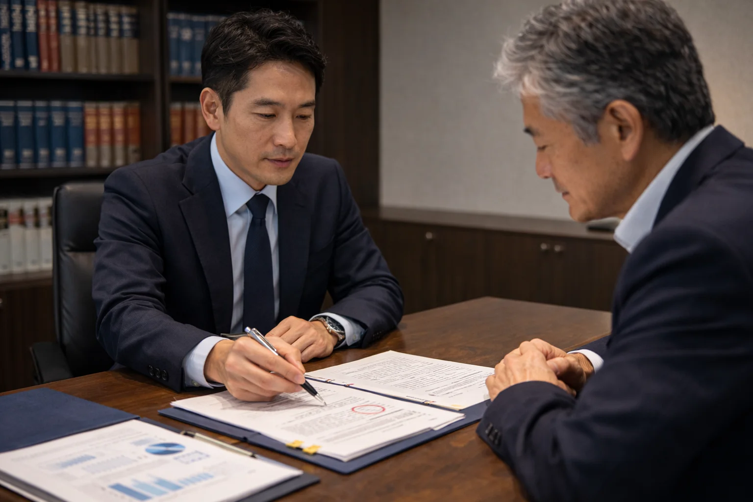 税務書類を前に専門家から慎重な説明を受けている日本人経営者のシーン