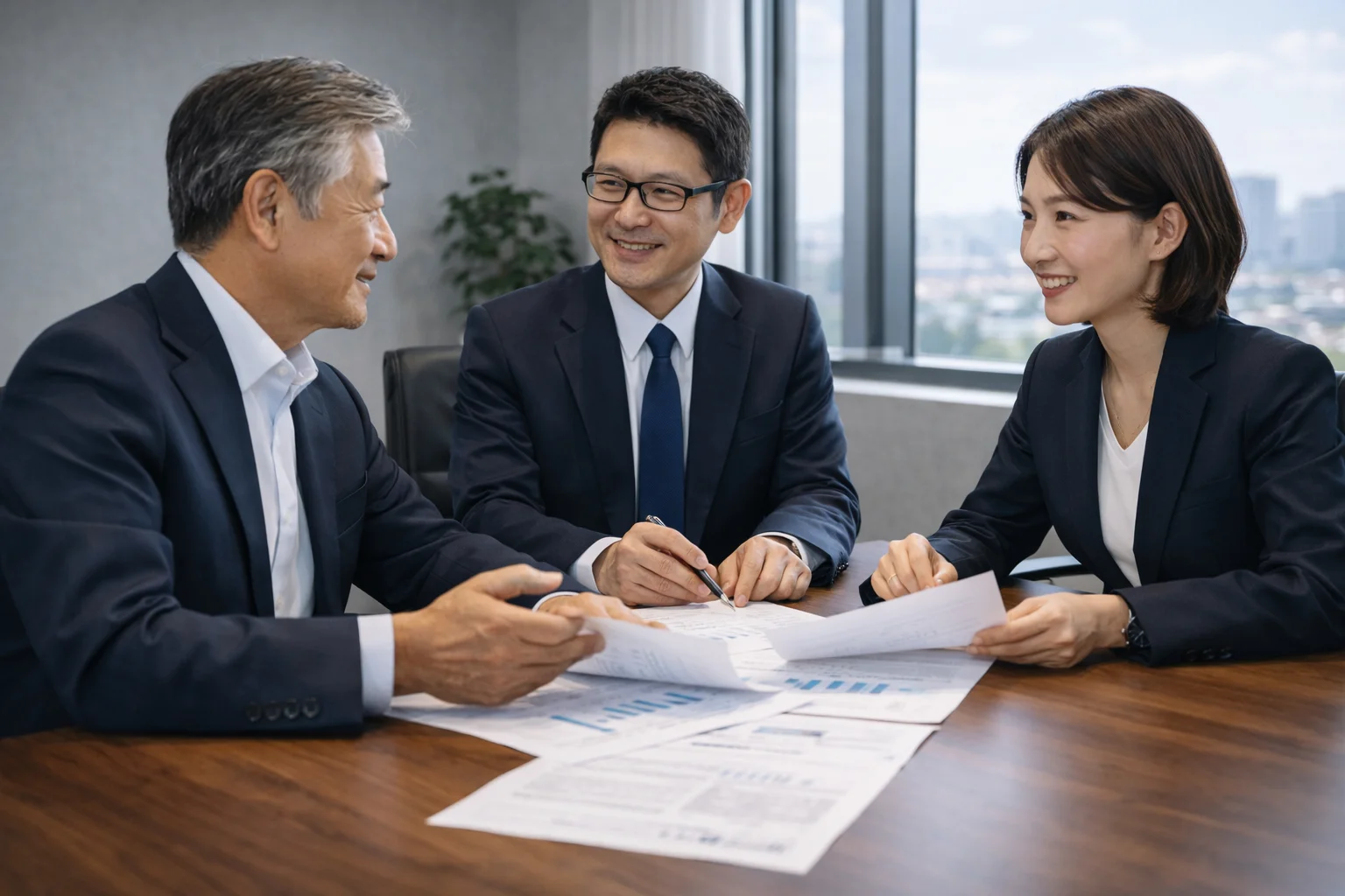 M&Aのプロセスを複数の専門家と経営者が段階的に進めているシーン