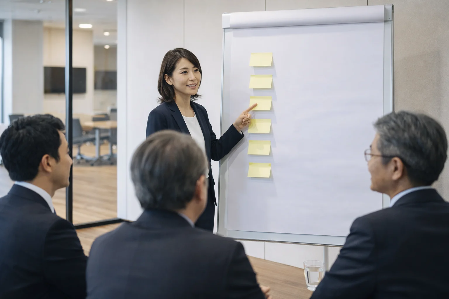 M&Aプロセスの各ステップを確認する経営者と専門家