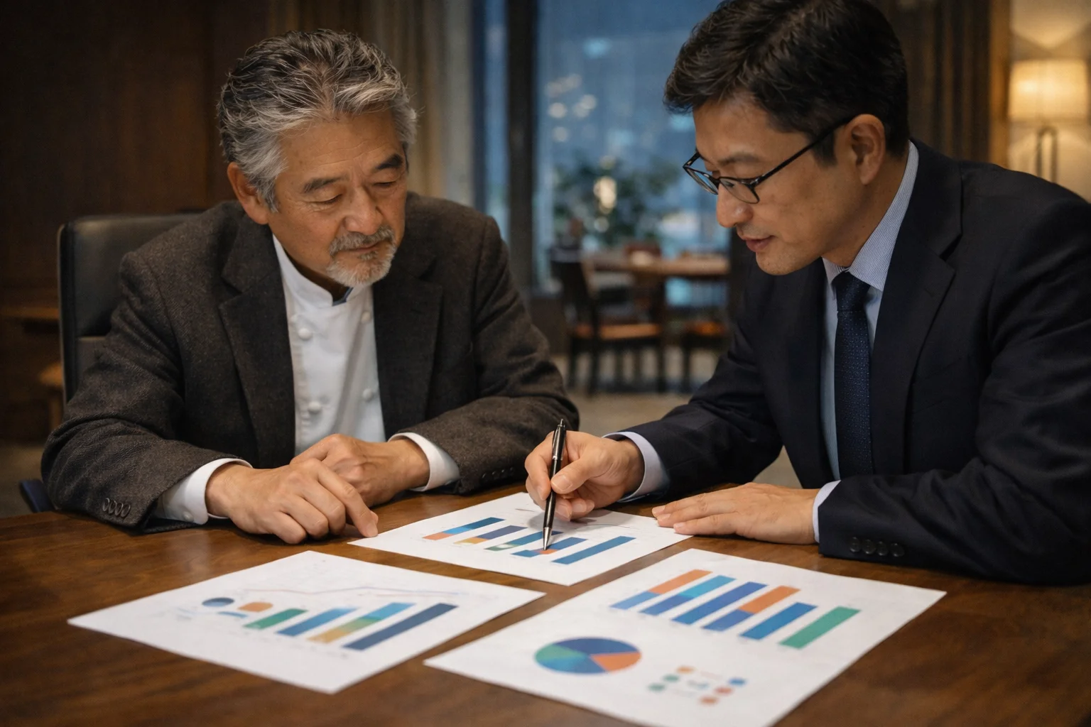 企業価値評価を示すグラフ資料を前に検討する日本人経営者と財務専門家のシーン