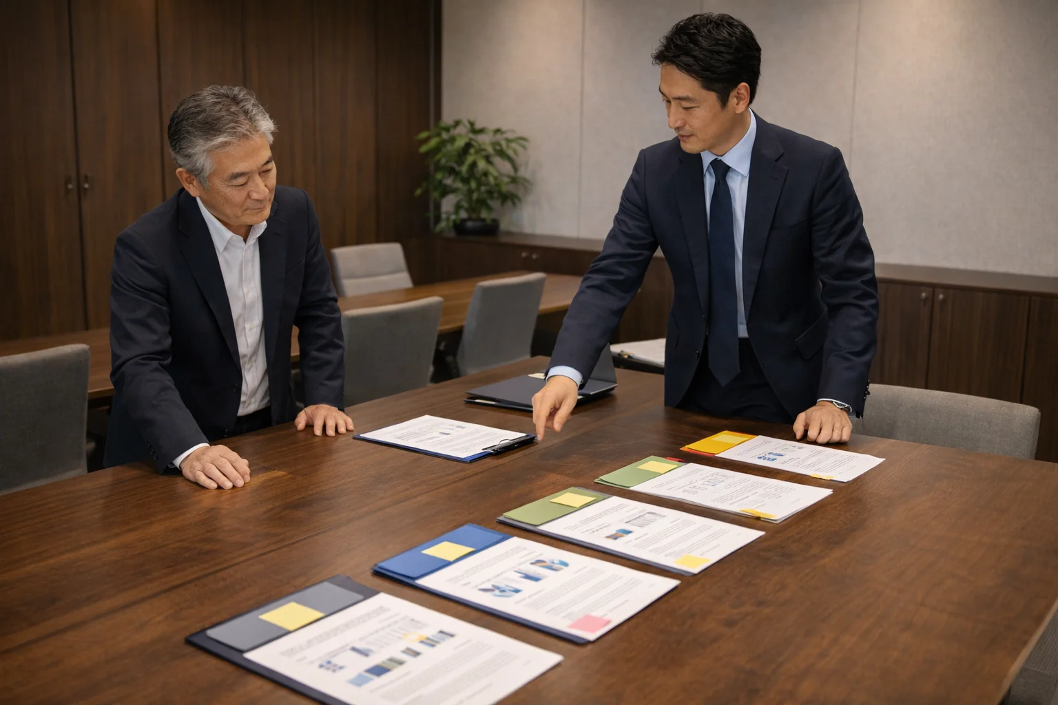 M&Aのプロセスを段階的に確認しながら進める日本人経営者と専門家チームのシーン