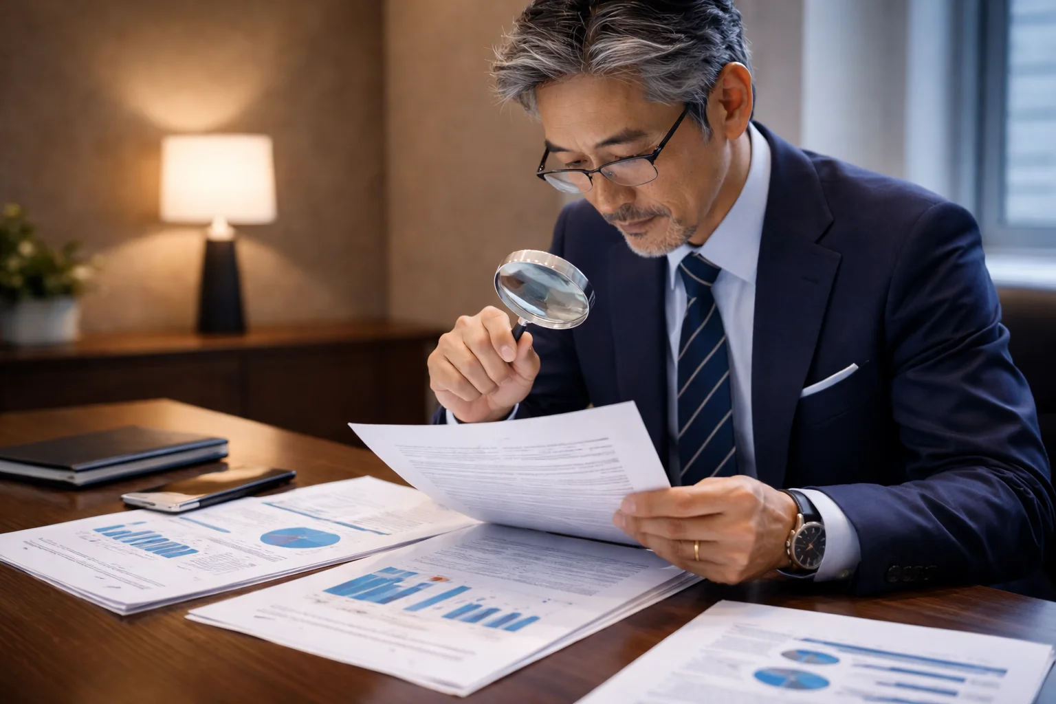 M&A契約書を慎重に確認する経営者のビジネスシーン