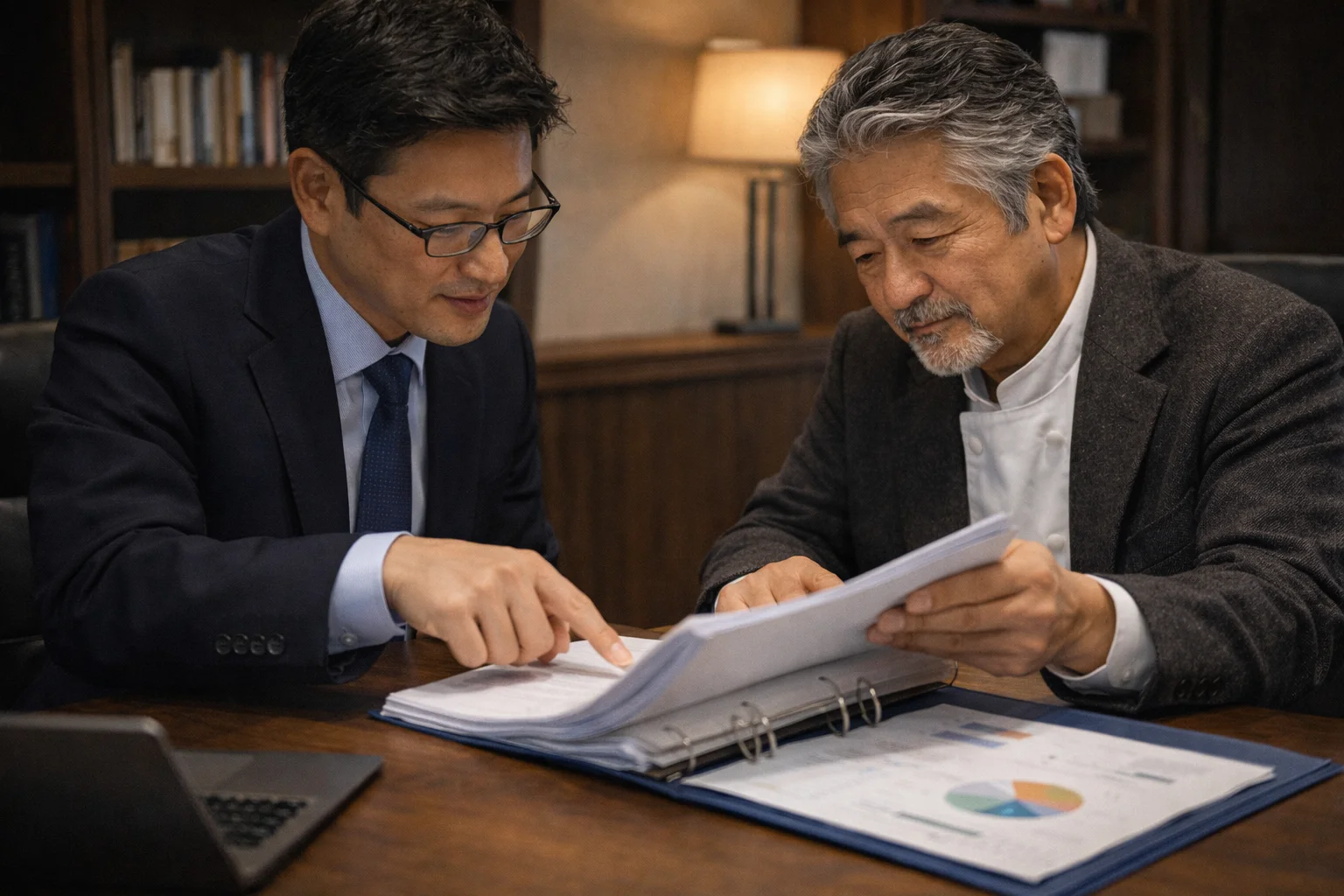 重要な契約書類を慎重に確認している日本人専門家と経営者の落ち着いた相談シーン