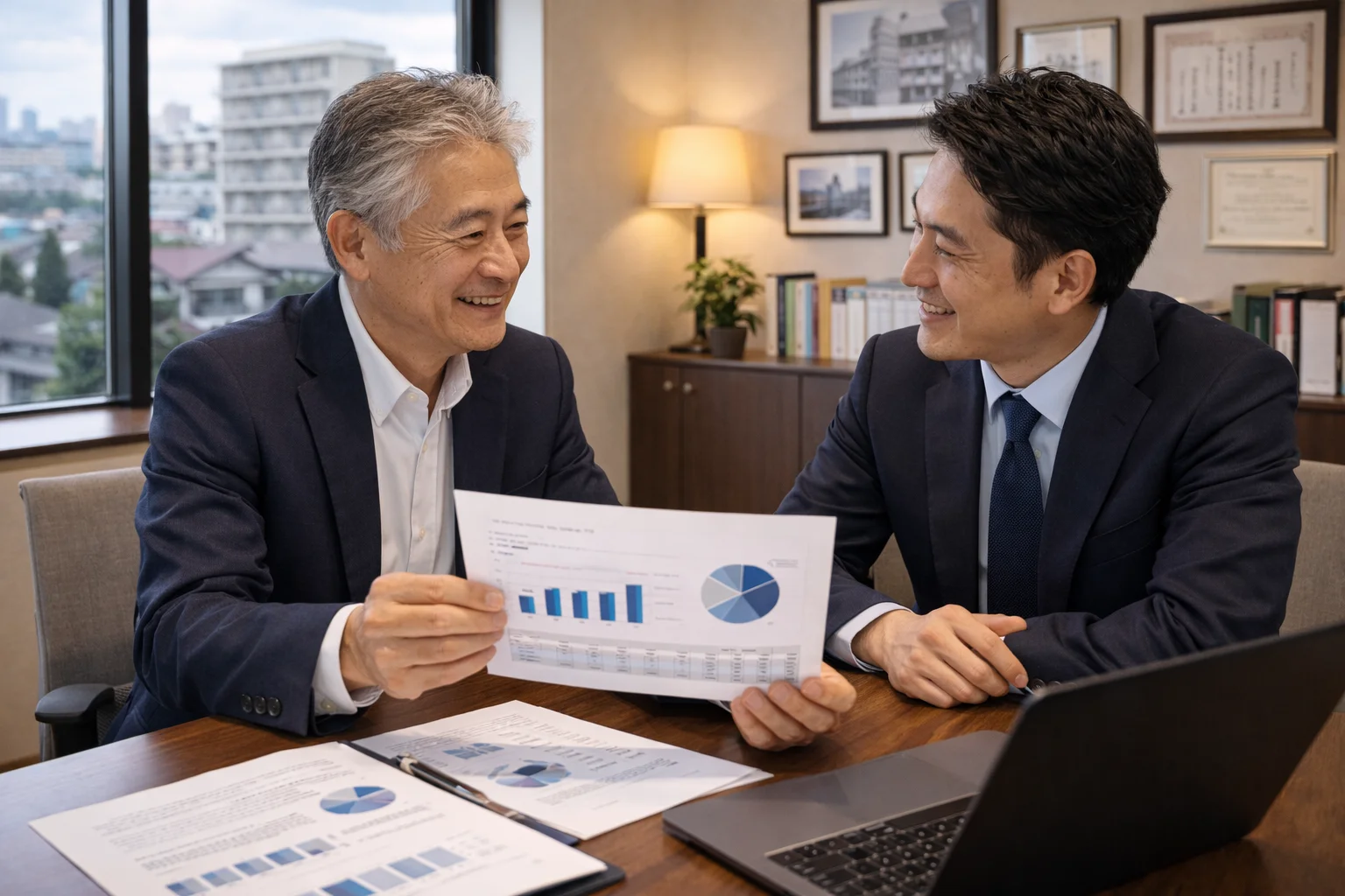 事業承継に成功した不動産会社の経営者が次世代経営者と前向きに対話しているシーン