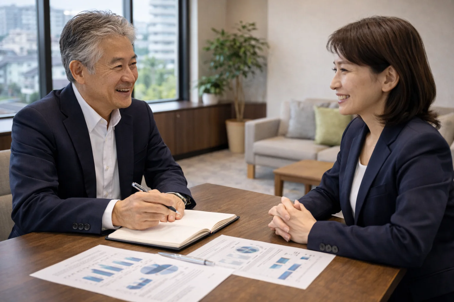 不動産M&Aについて専門家に気軽に質問している日本人経営者のシーン
