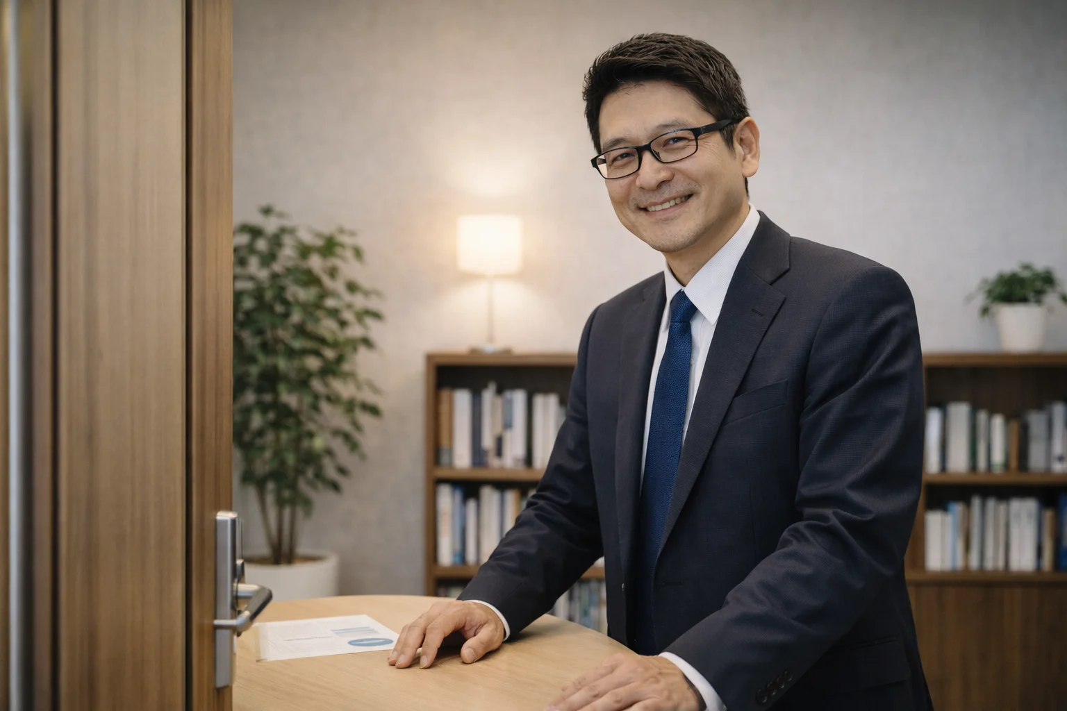 無料相談の窓口として、経営者が安心して問い合わせできる専門家のオフィスイメージ