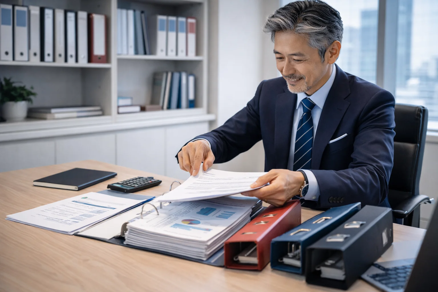 M&Aに向けて財務書類や事業資料を事前に整理する経営者のシーン