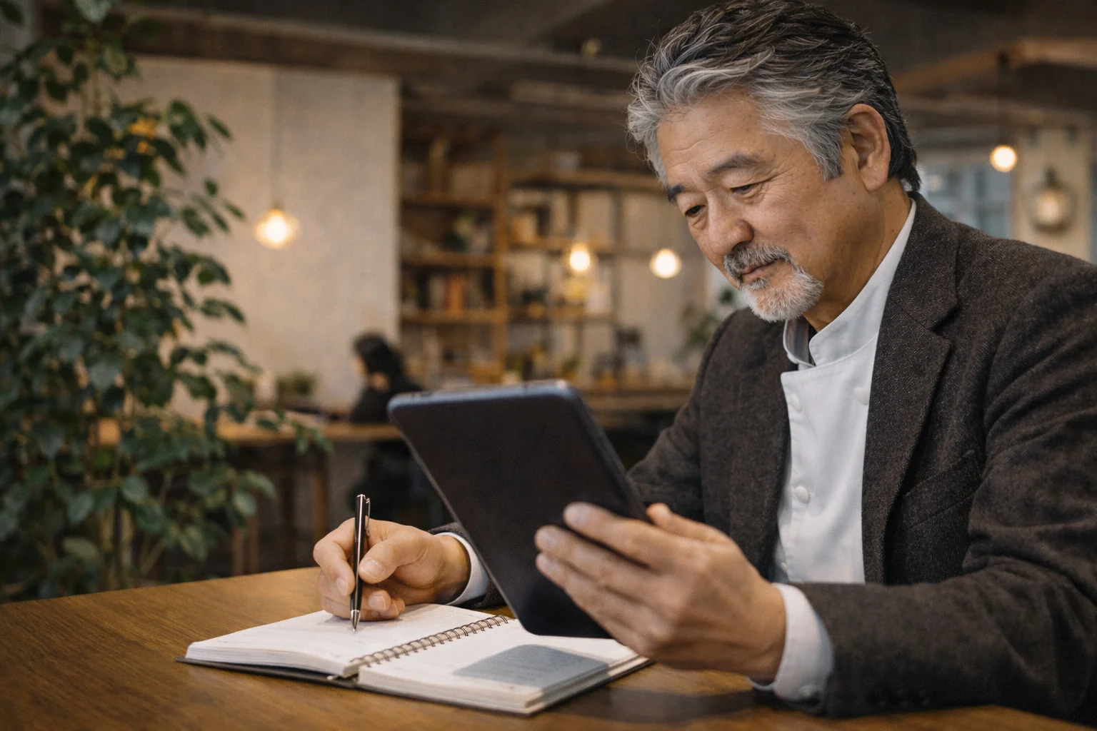 飲食店M&Aの疑問点をノートに書き出して専門家に質問する日本人オーナーのシーン