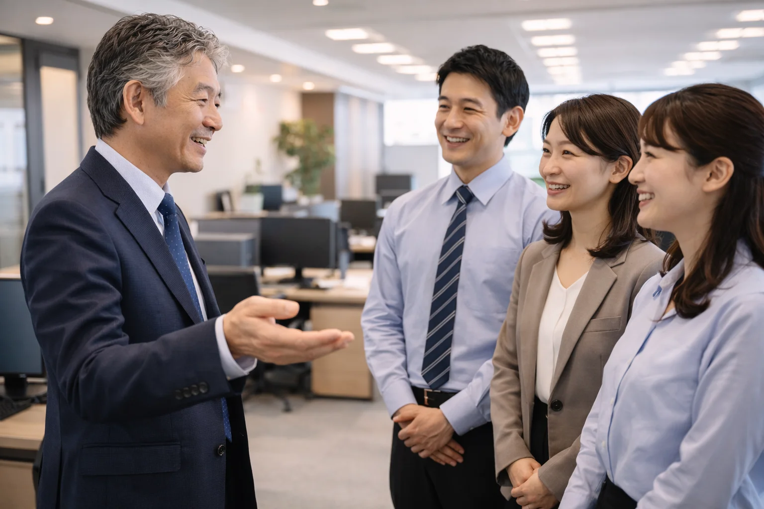 会社売却後の経営者と従業員の処遇を示すビジネスシーン