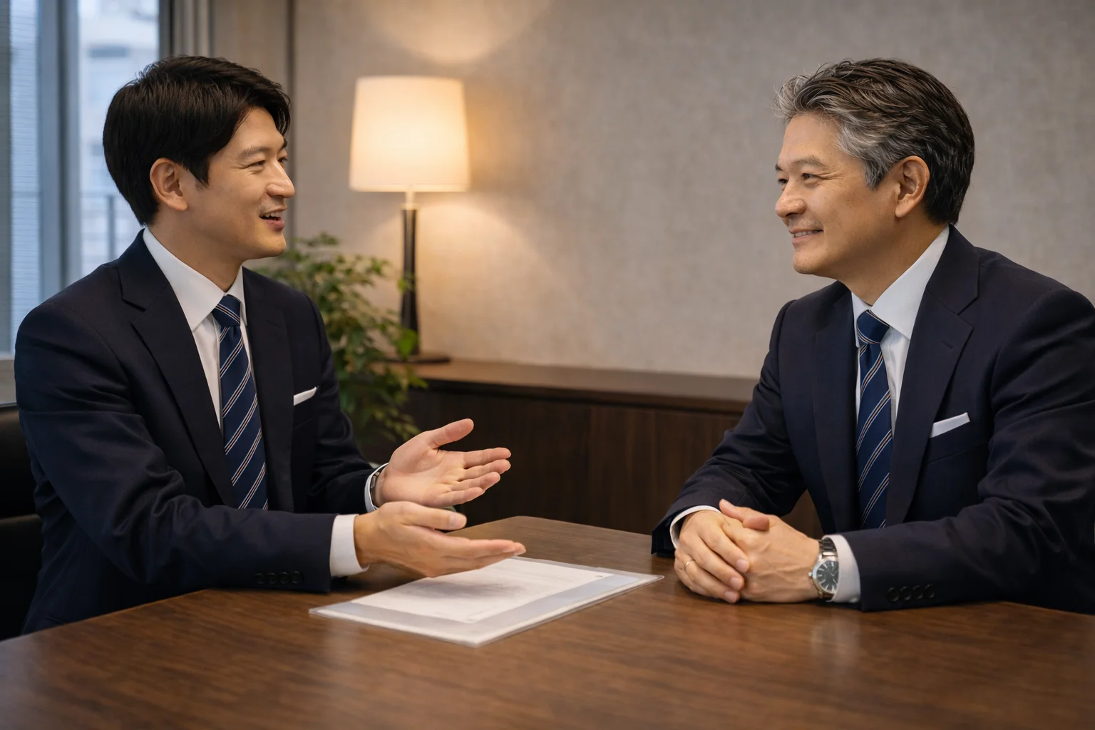 企業買収を成功させるためのポイントを専門家と確認するシーン