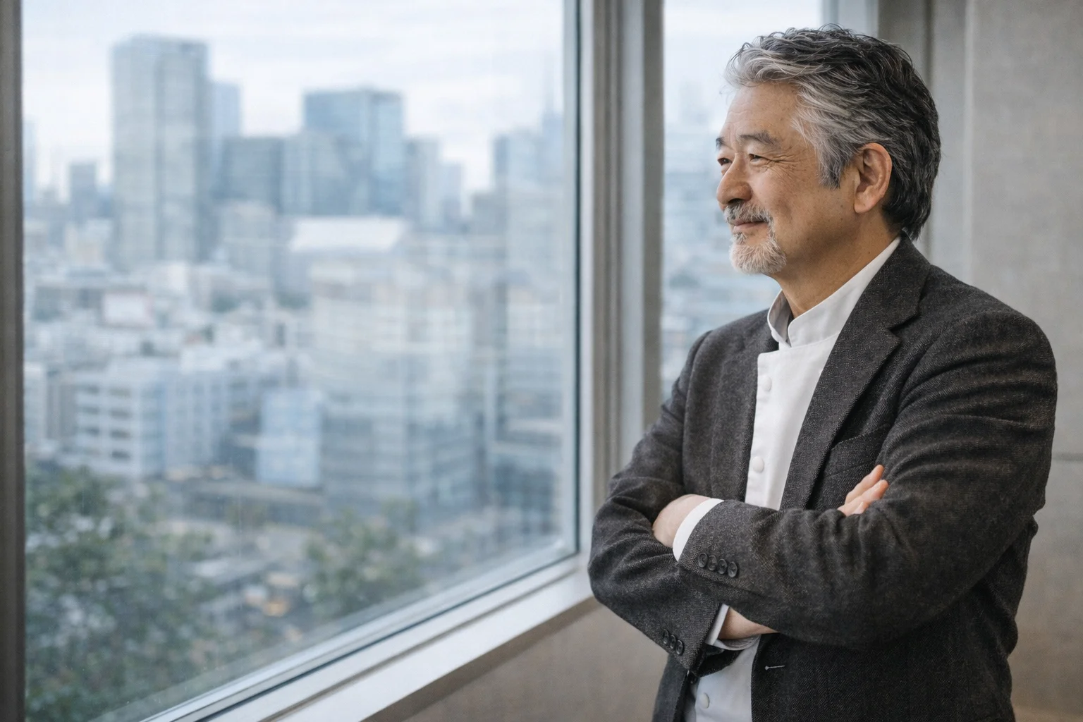 飲食店M&Aの相談を終えた日本人オーナーが前向きな表情で窓の外を見つめているシーン