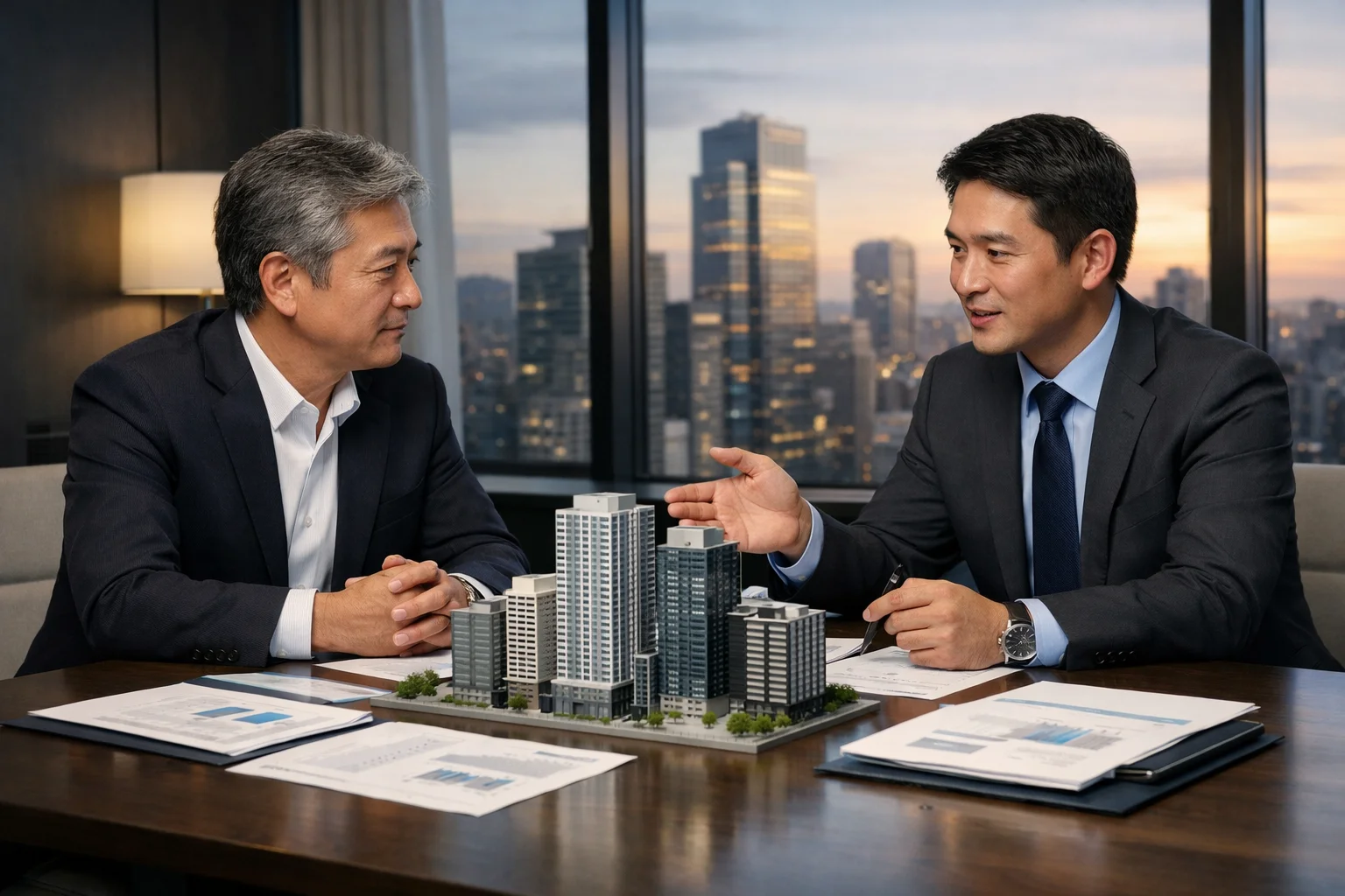 不動産M&Aを検討する経営者と専門家が会議室でビル模型を前に打ち合わせをしているシーン