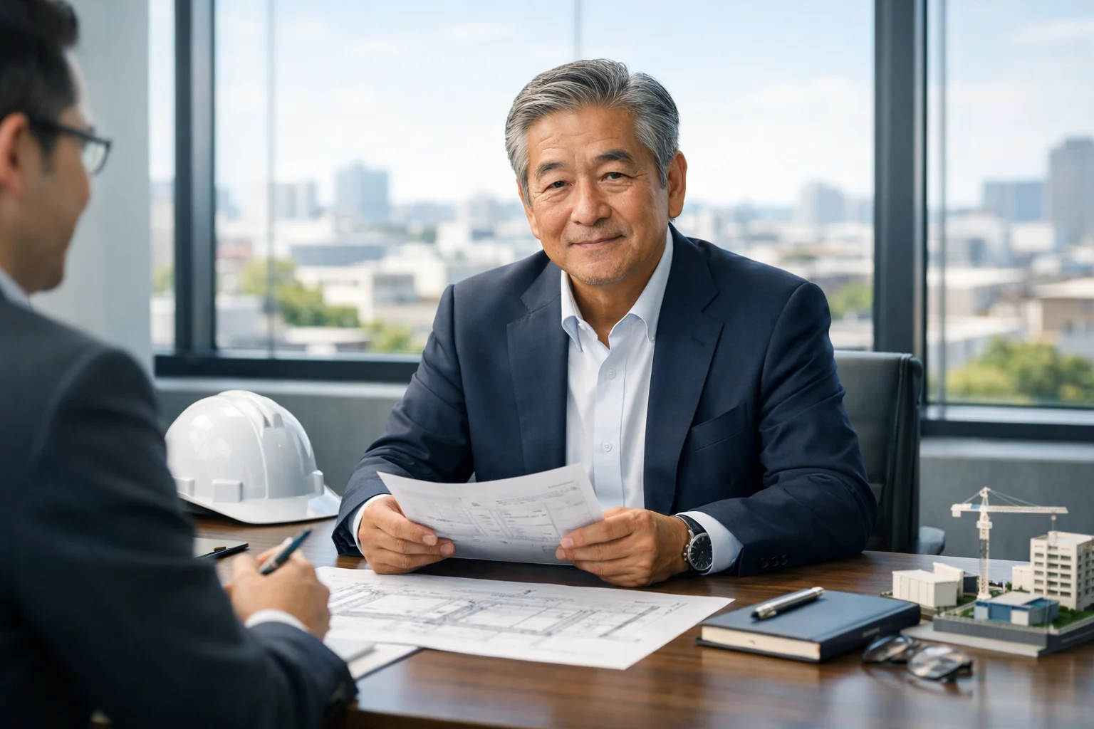 建設業のM&Aを検討する経営者が専門家と落ち着いて話し合うシーン
