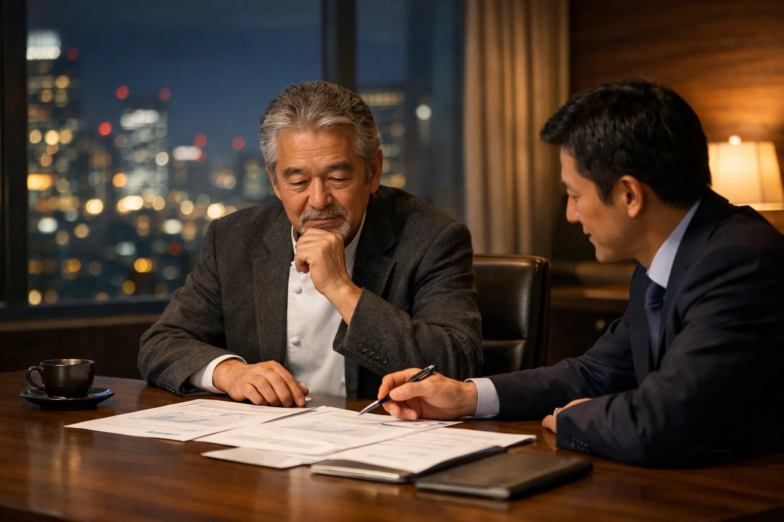 飲食店M&Aを検討する経営者が専門家と落ち着いた雰囲気で書類を確認しているシーン