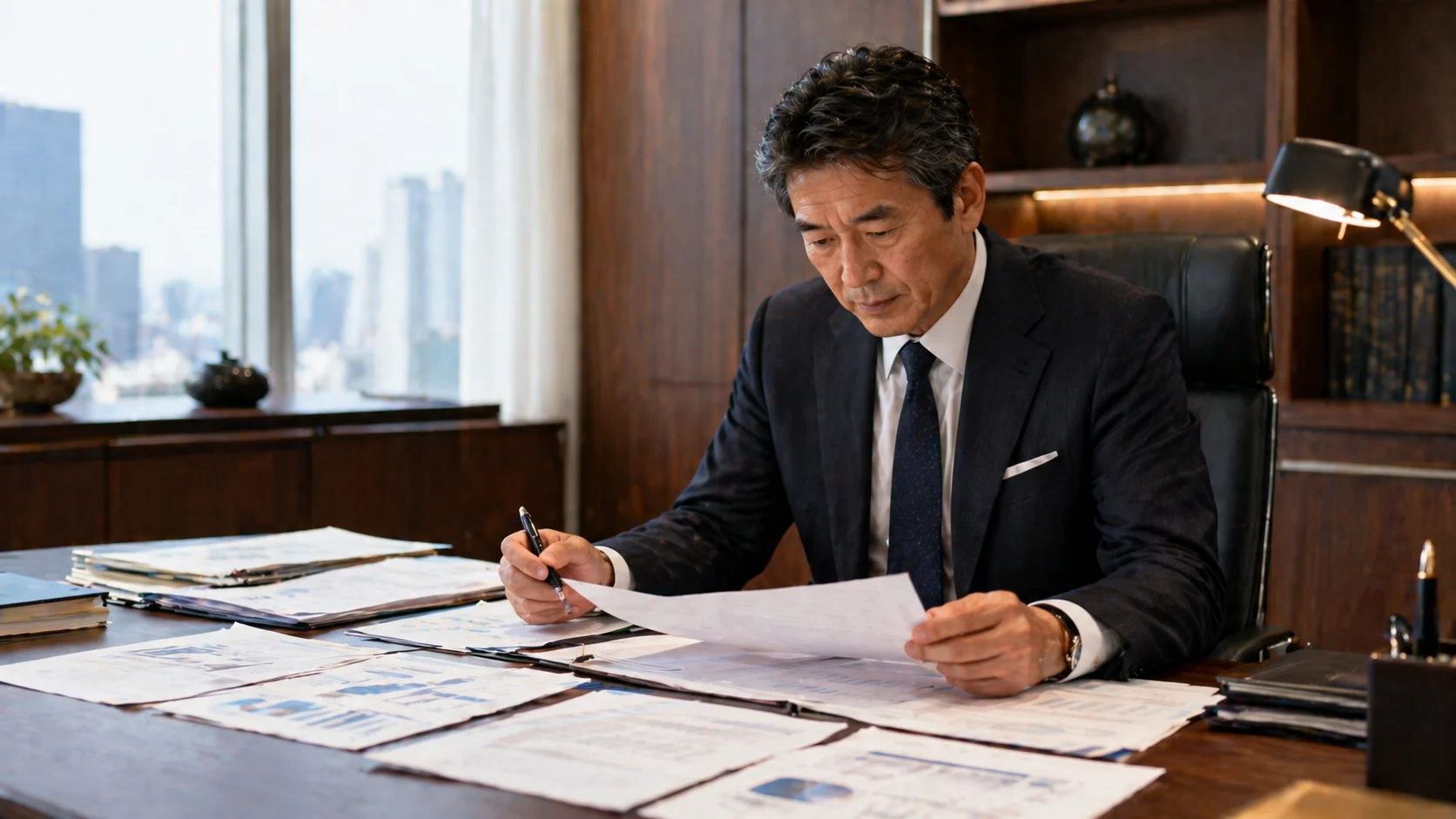 M&Aプロセスの書類を慎重に確認している経営者のイメージ