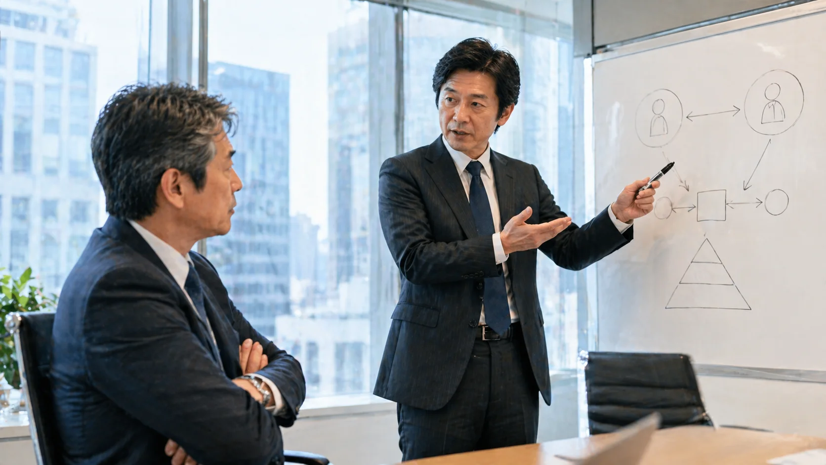 M&A情報格差の構造を専門家が図解で説明している場面