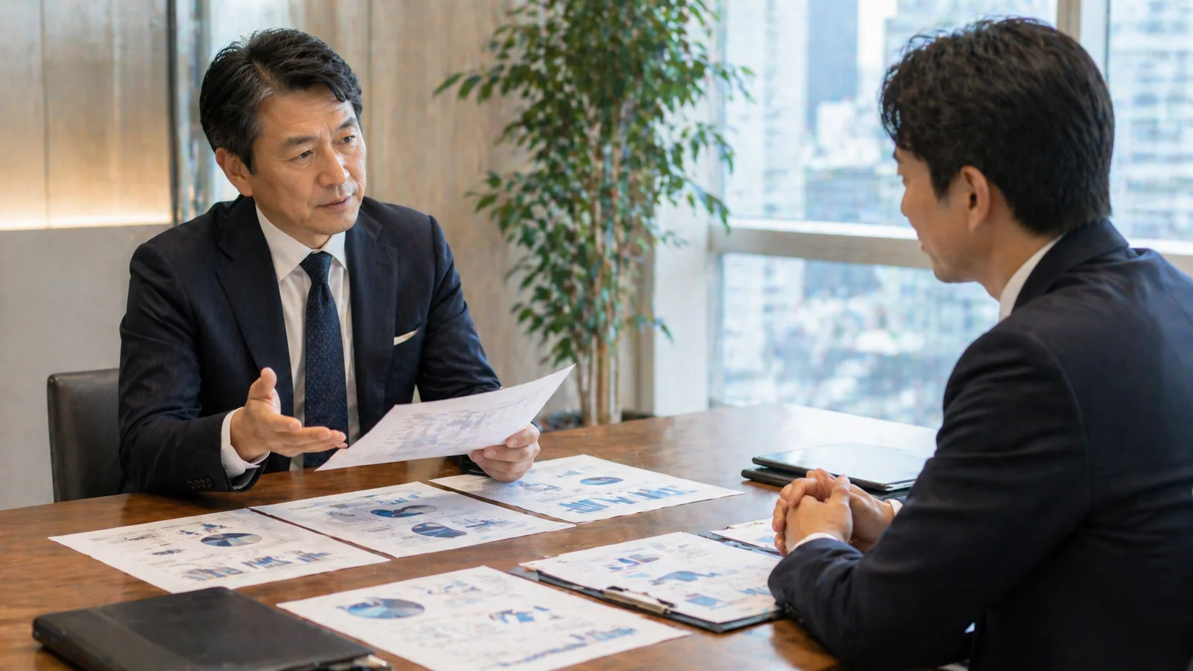 複数のM&Aコンサル会社の提案資料を比較検討する中小企業の経営者