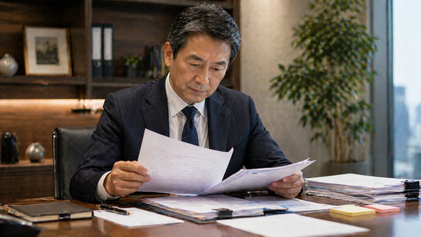 M&Aの契約書類を慎重に確認している売り手経営者