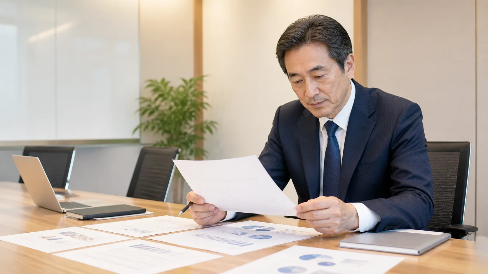 M&A売却の条件を確認する経営者が資料を検討しているシーン