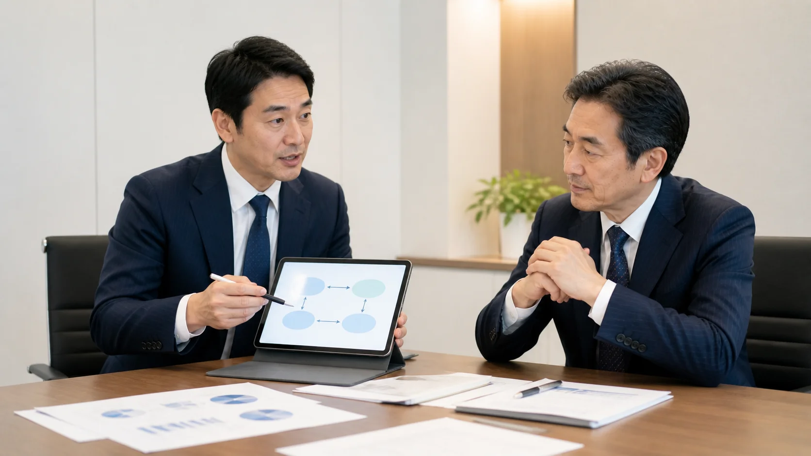 M&Aの売却手法について専門家から説明を受ける経営者のシーン