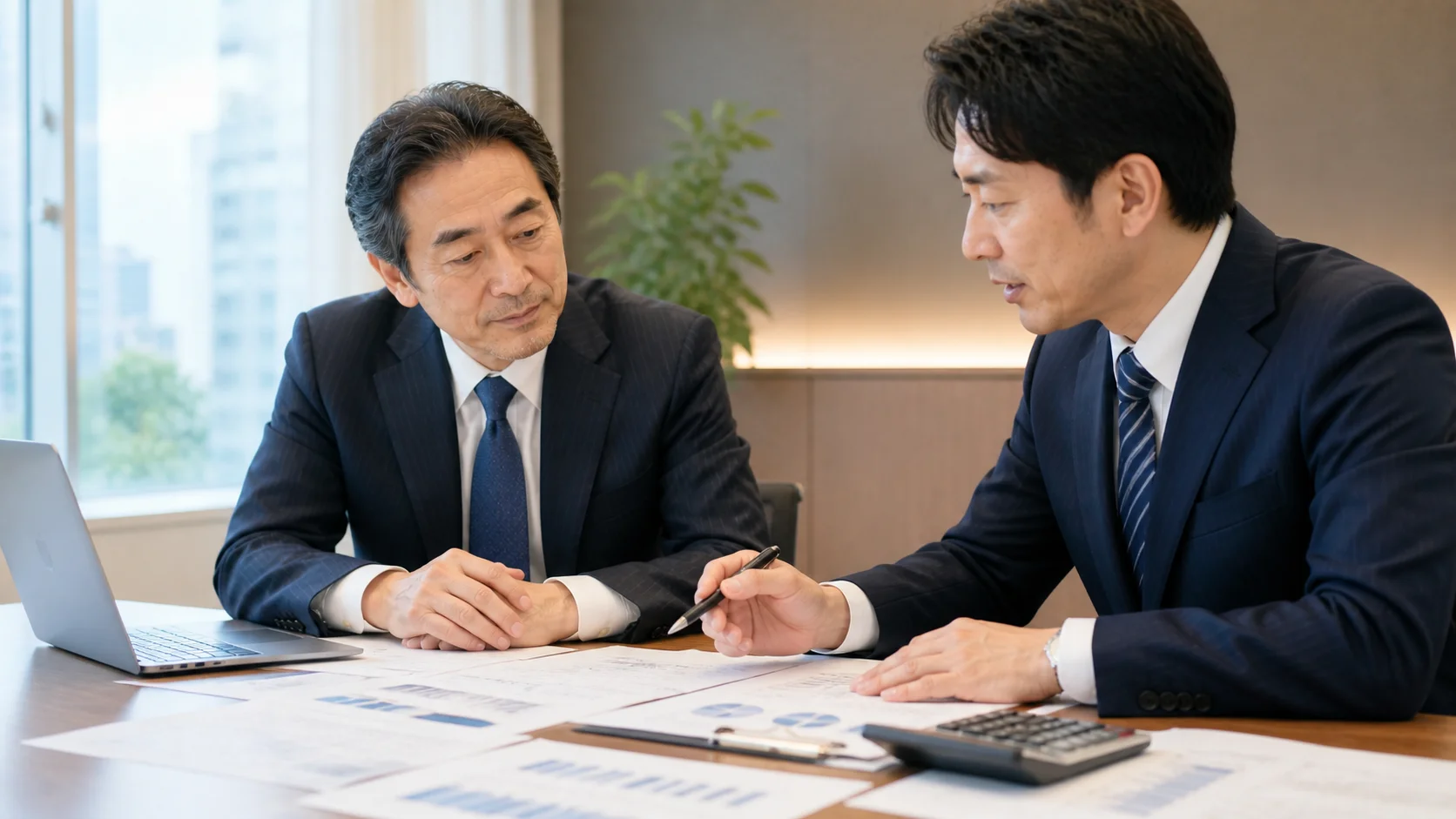 企業価値評価の資料を確認する経営者と財務専門家のシーン
